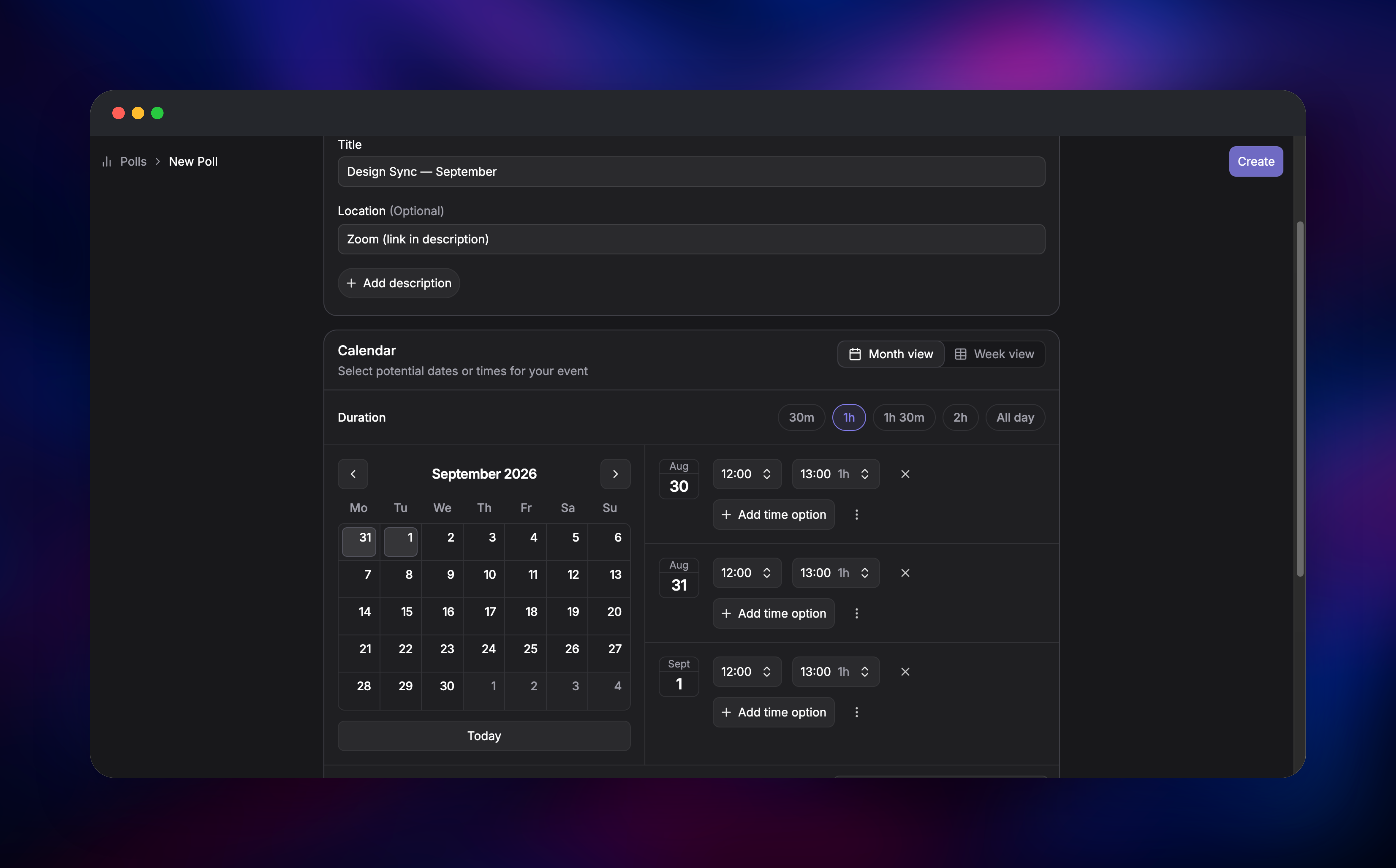 Rallly new poll builder with calendar dates and time options