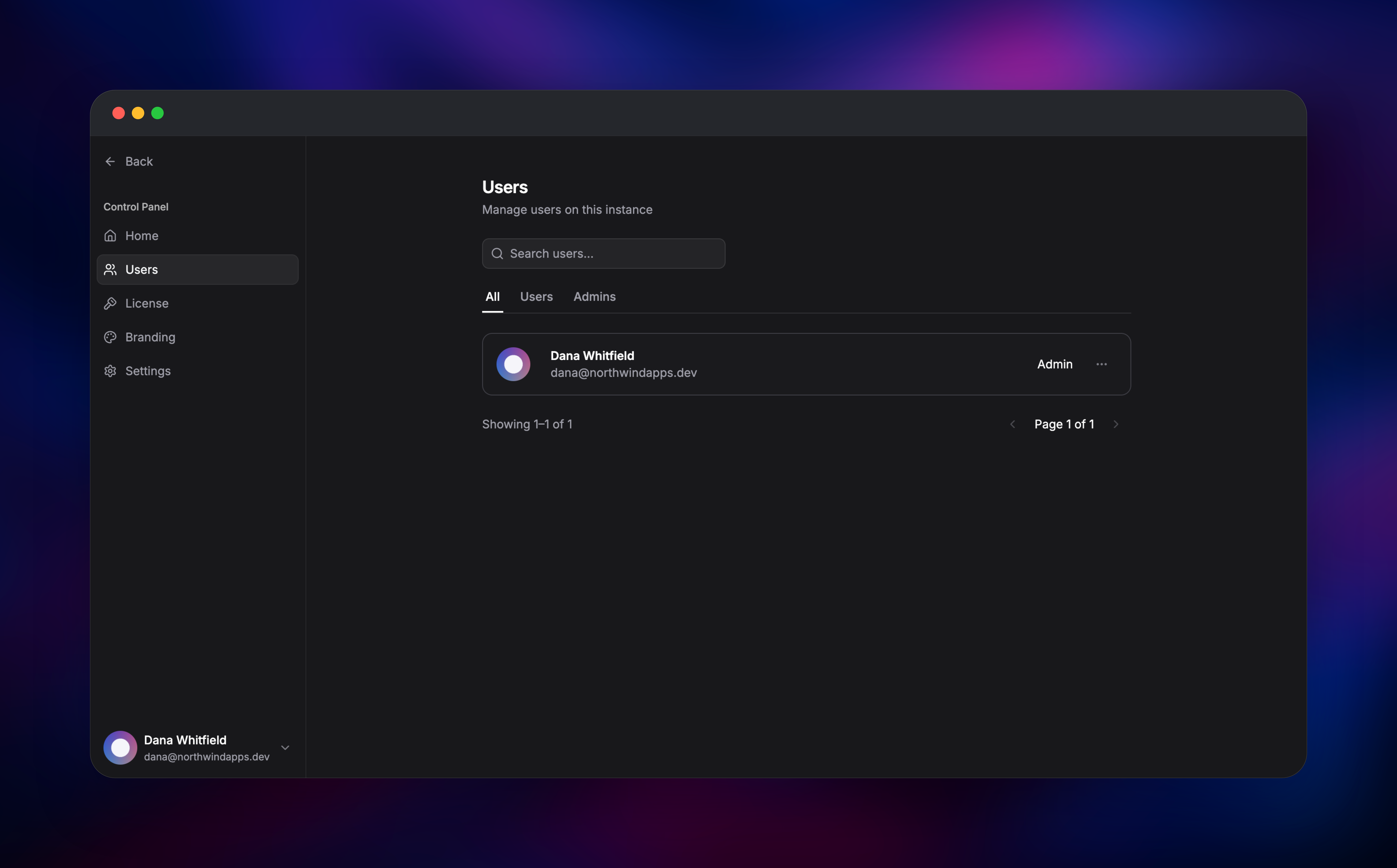 Rallly control panel listing the instance's admin user