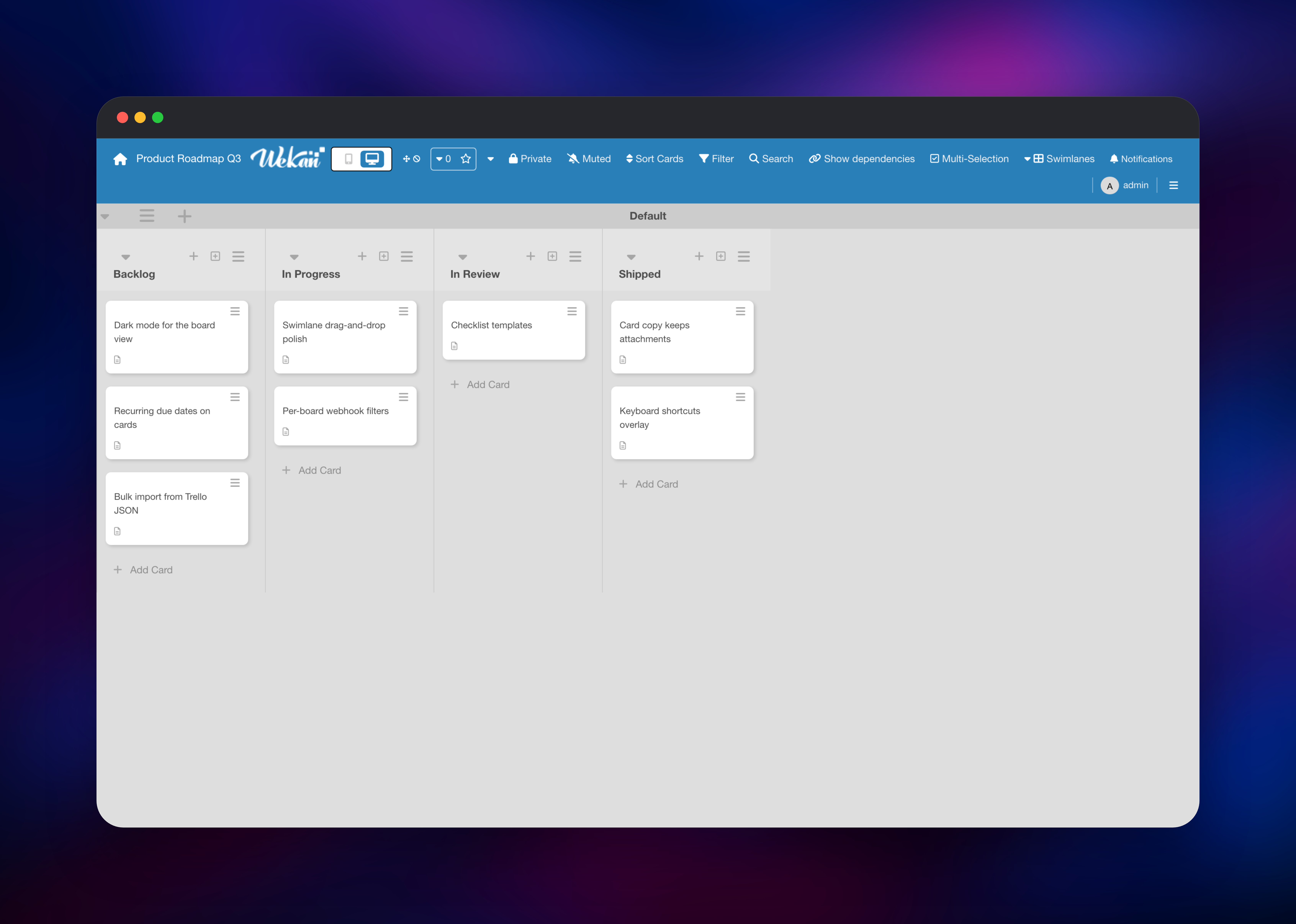 WeKan kanban board with four lists of roadmap cards