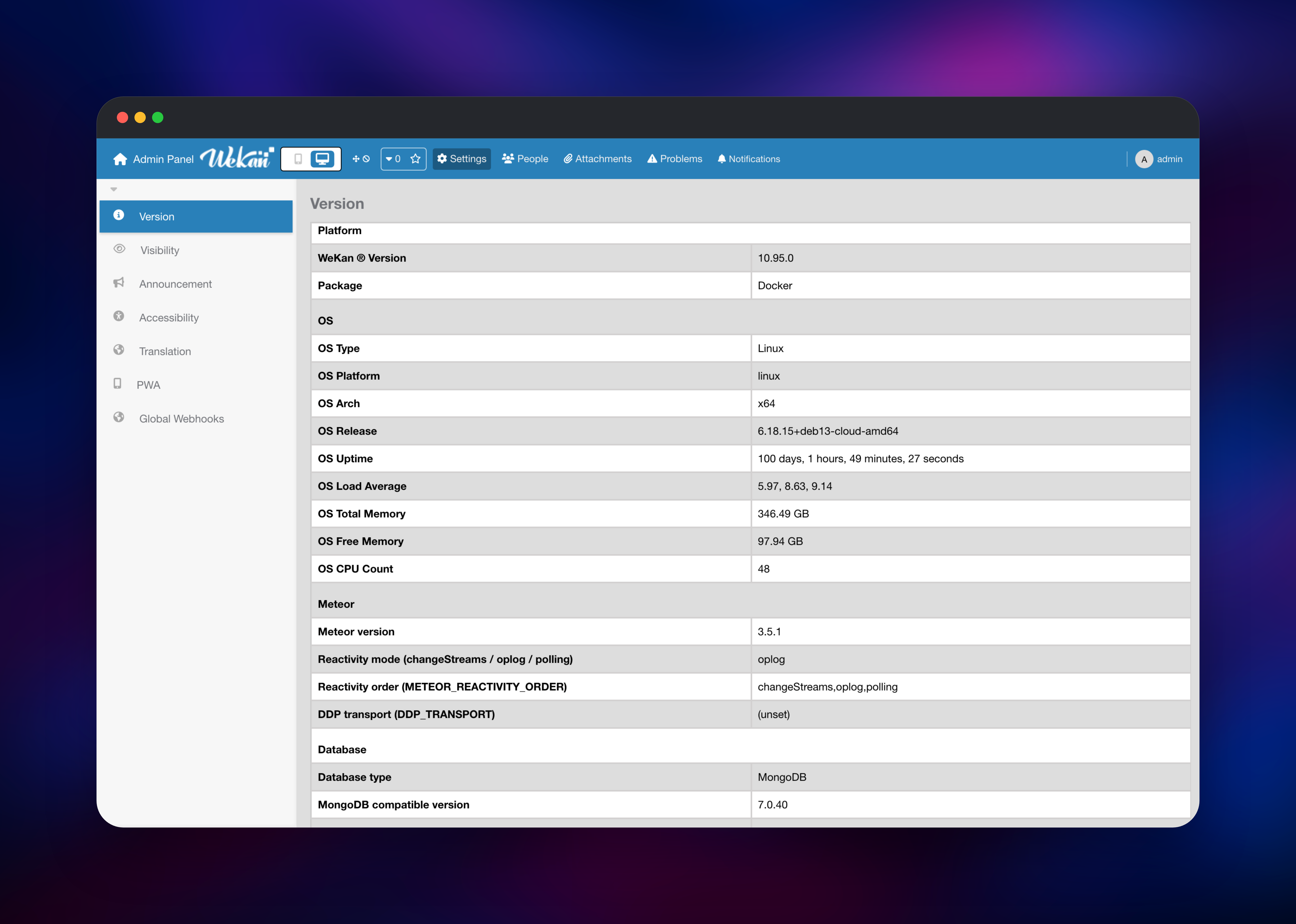WeKan admin panel reporting version, Meteor and MongoDB details