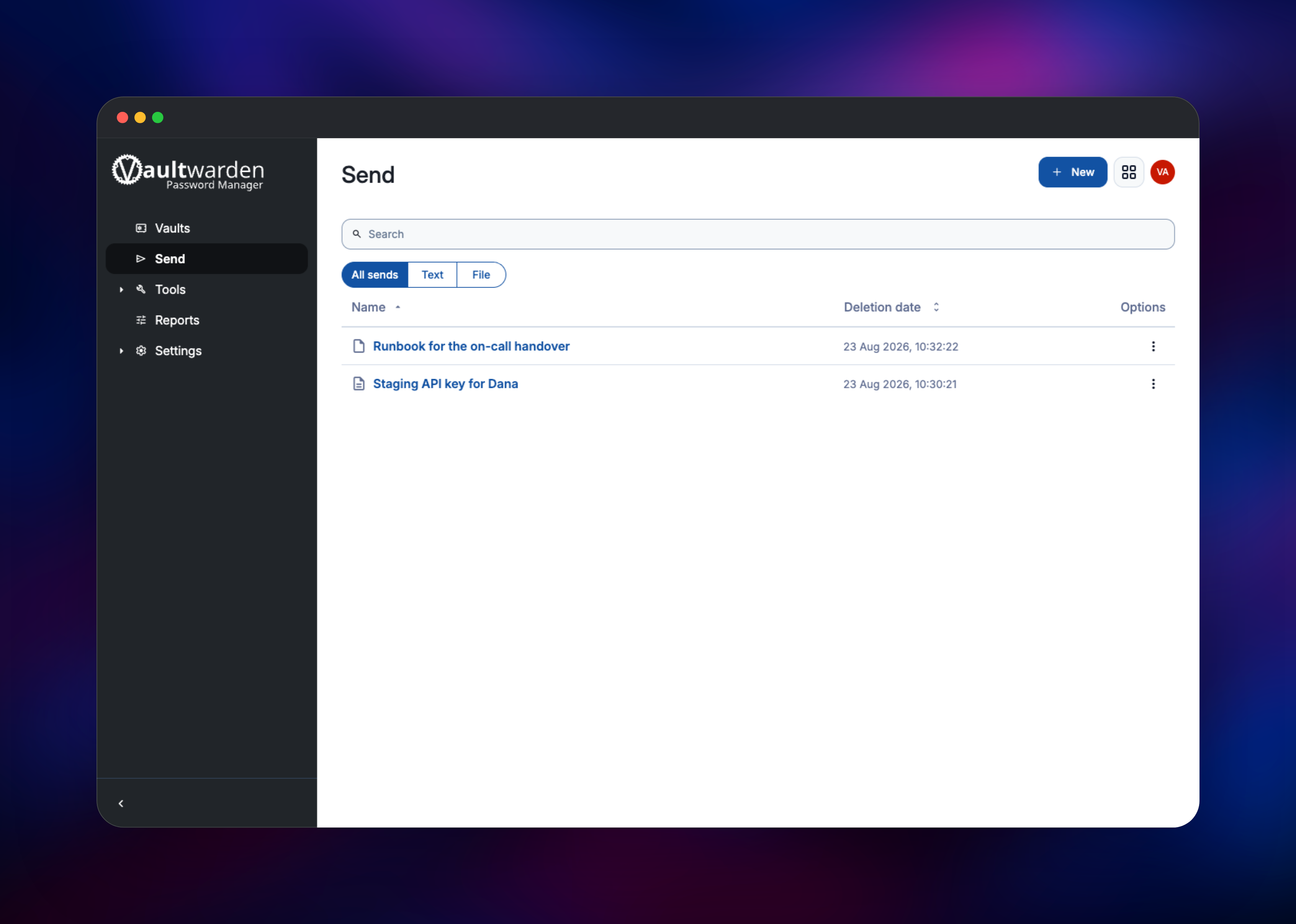 Vaultwarden Send list sharing an encrypted file and text secret