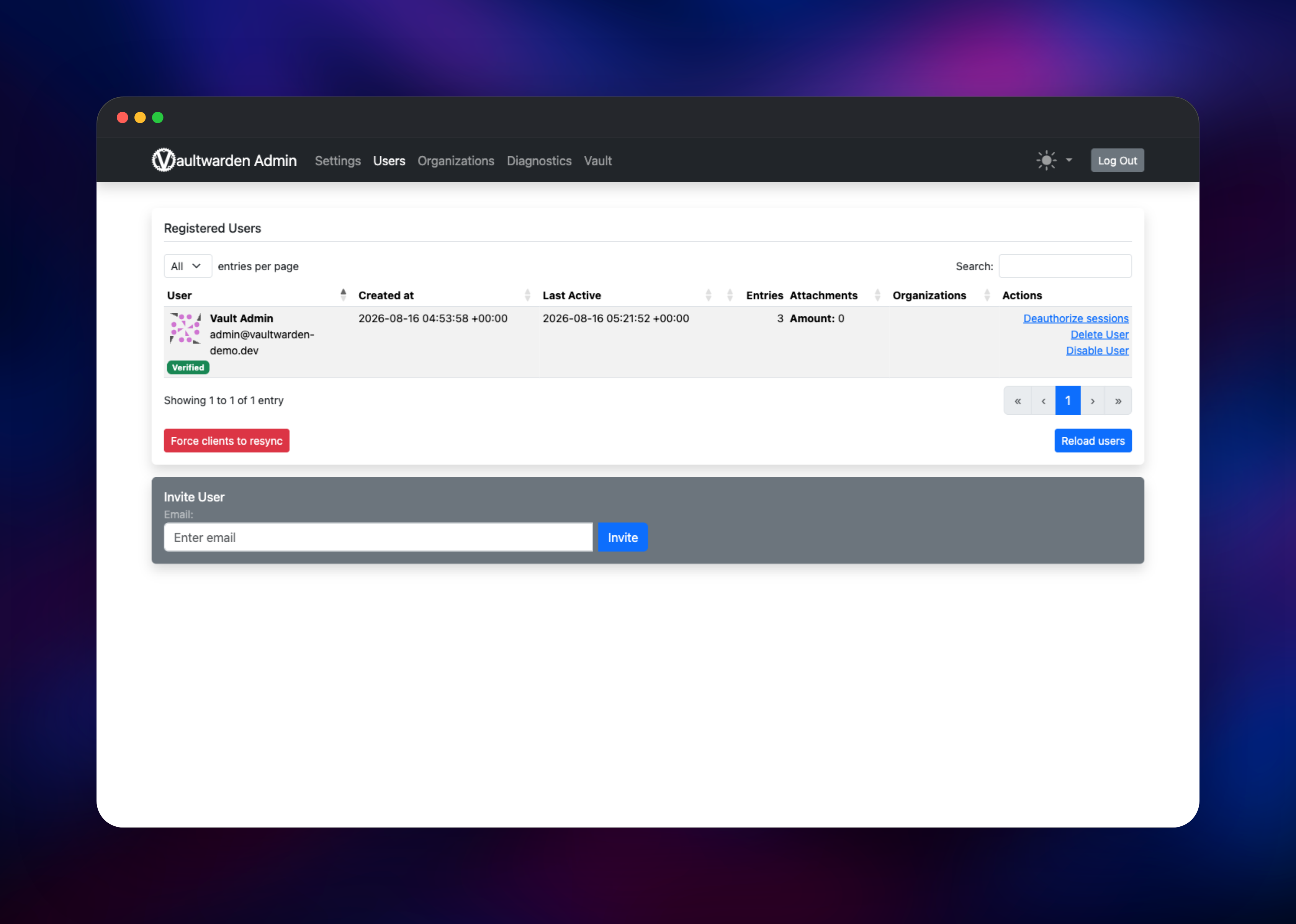 Vaultwarden admin panel showing the registered user and invite form