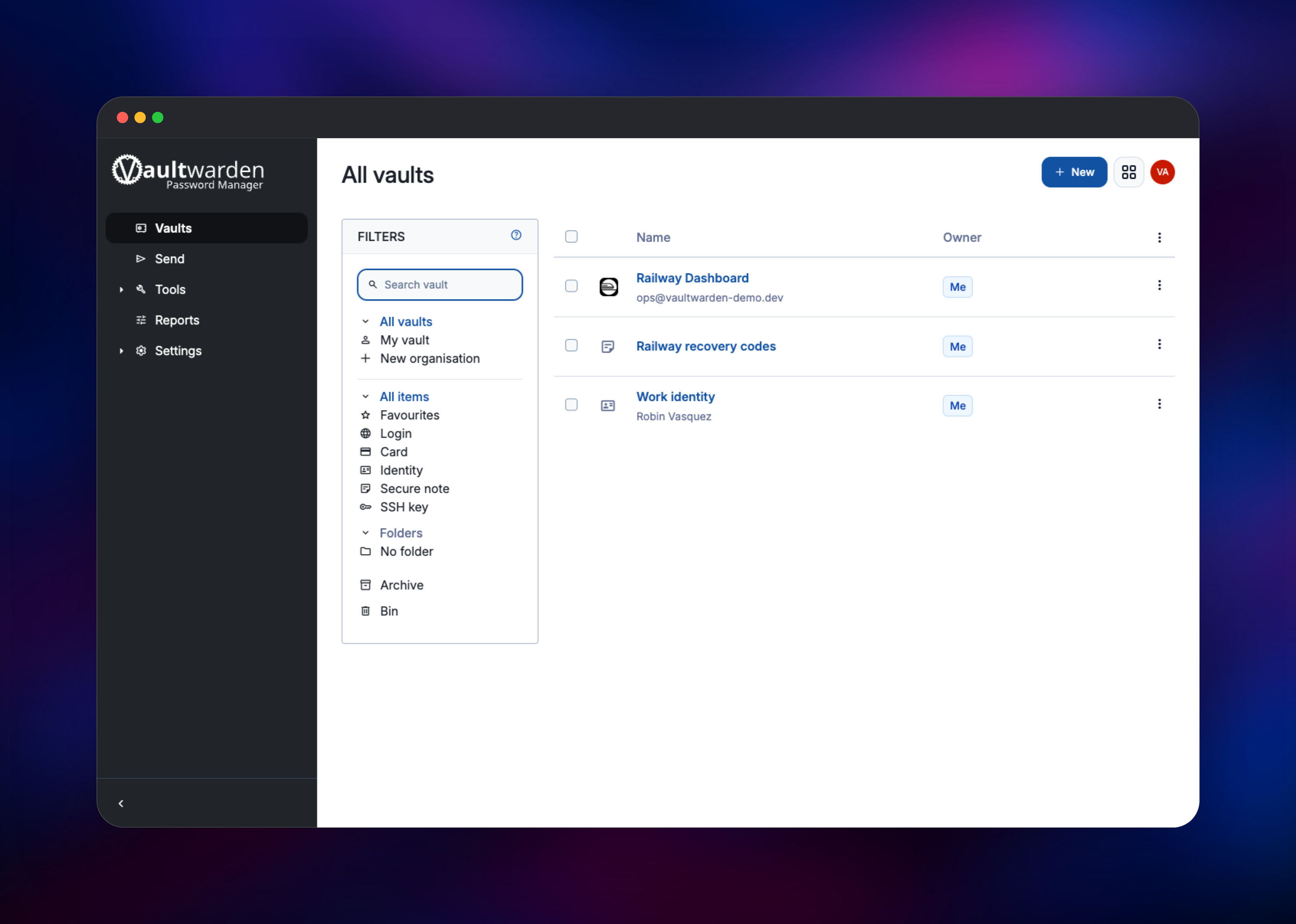 Vaultwarden web vault listing saved logins, notes and identities