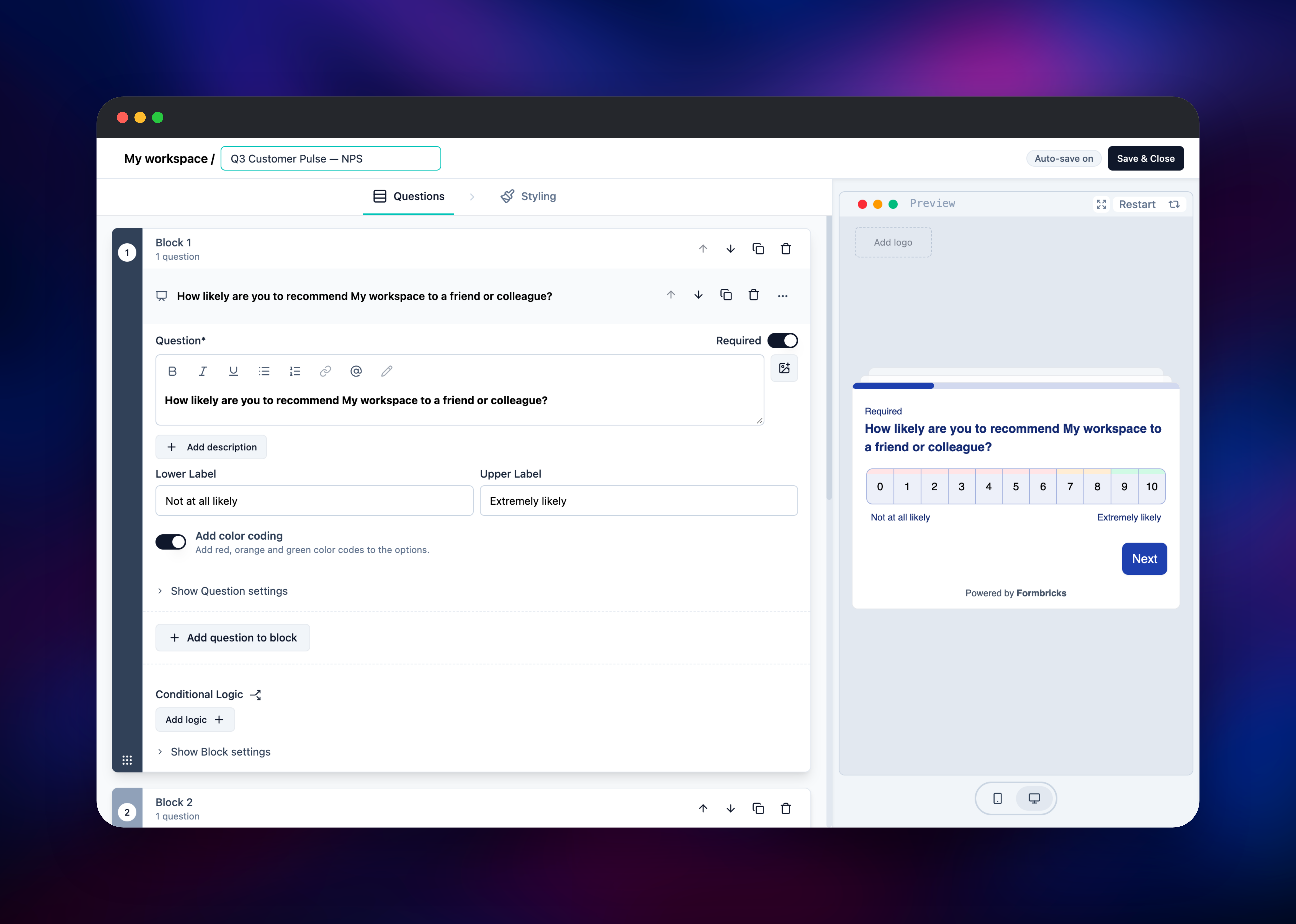Formbricks survey editor building an NPS question with live preview