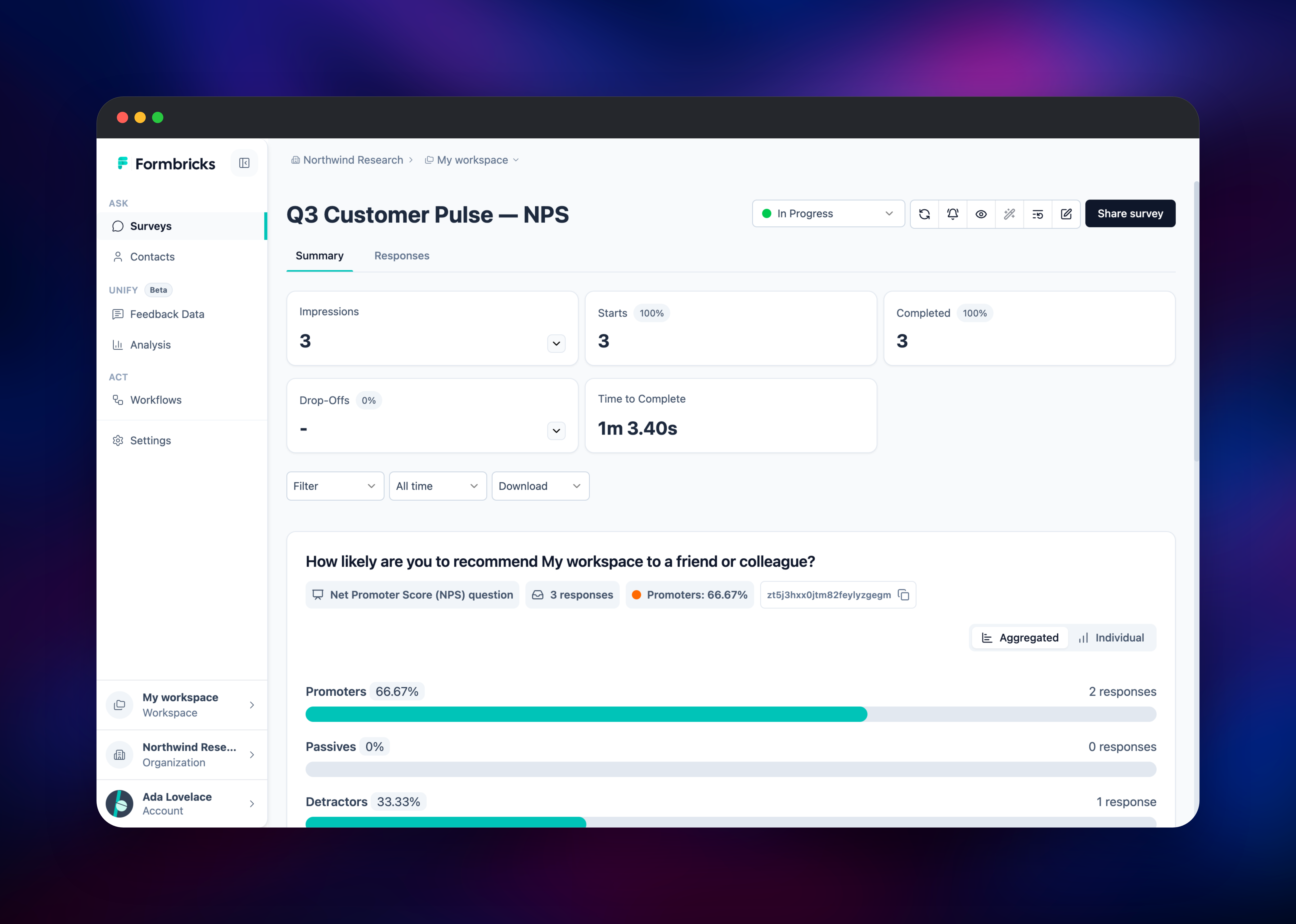 Formbricks NPS summary showing promoter and detractor breakdown