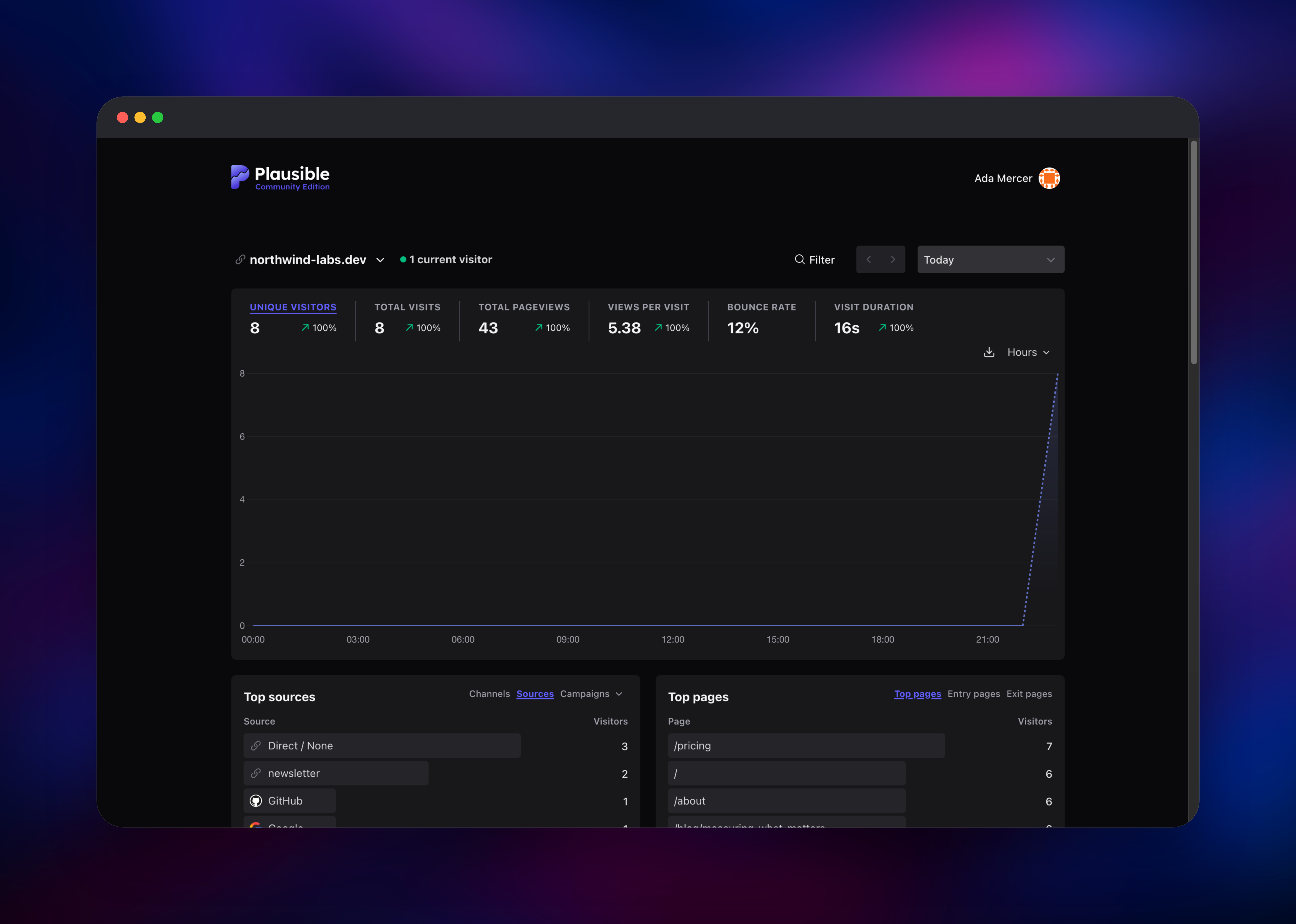 Plausible dashboard showing visitor traffic, sources and top pages