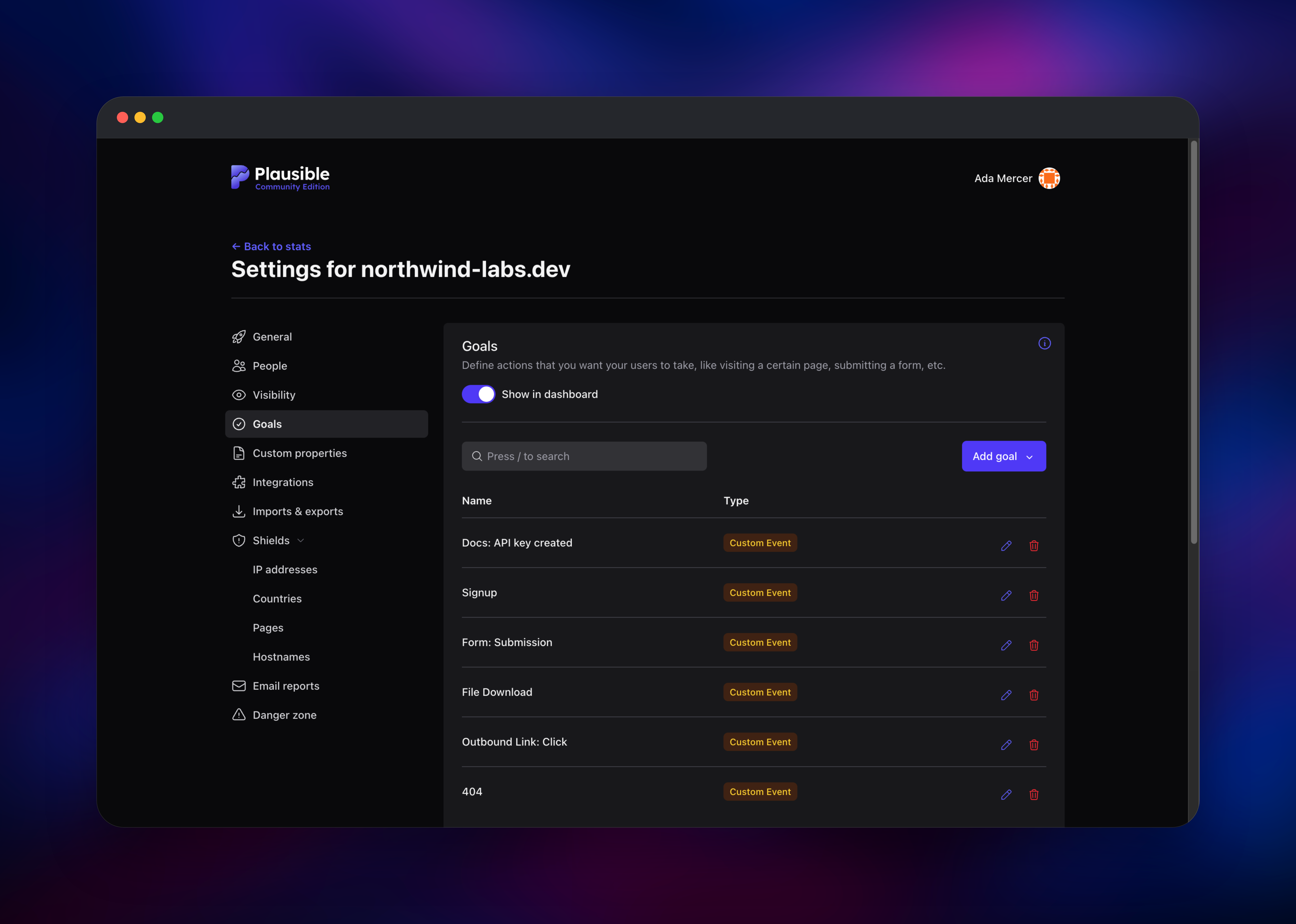 Plausible site settings listing custom event goals