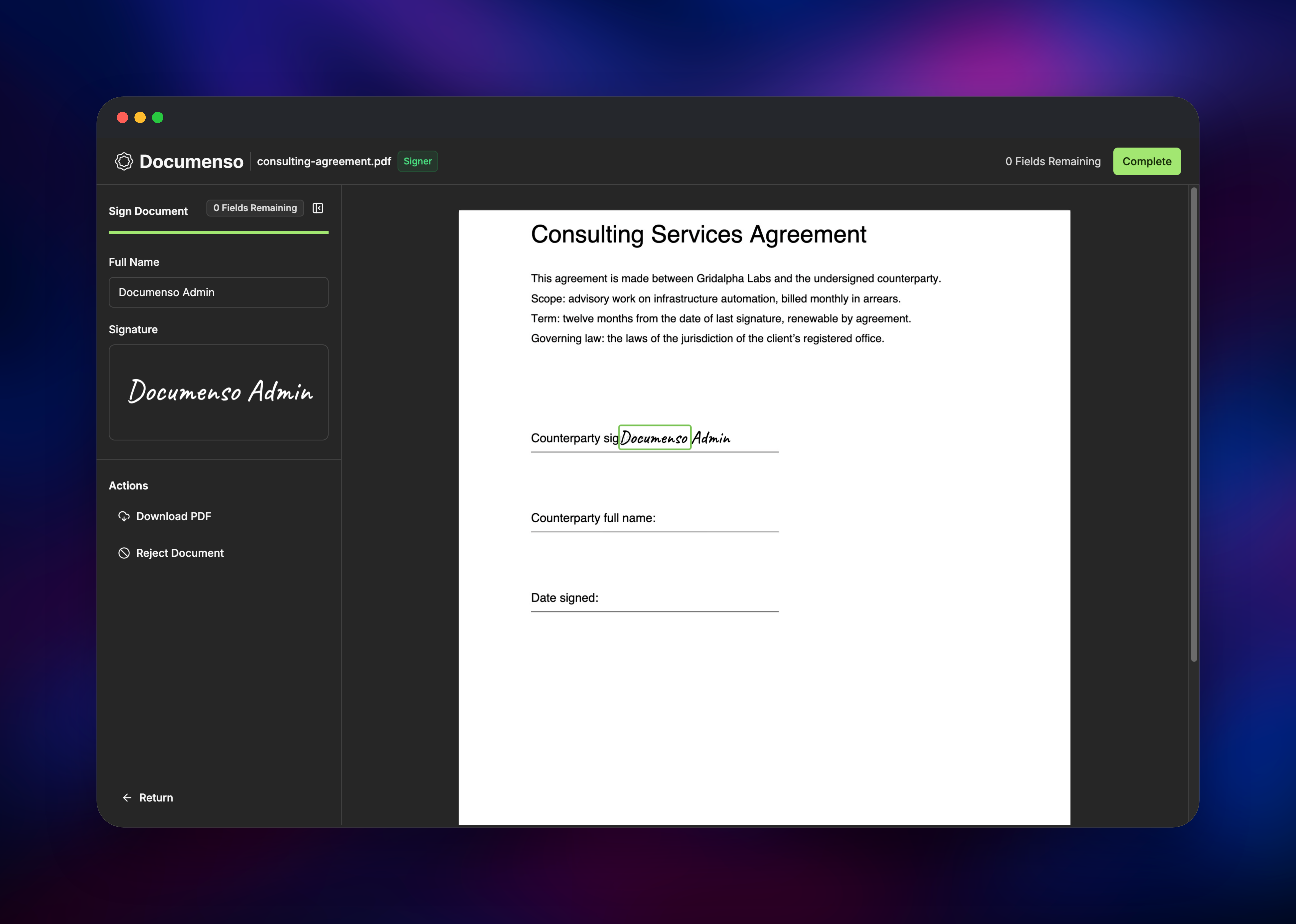 Documenso signing view with a typed signature placed on the agreement
