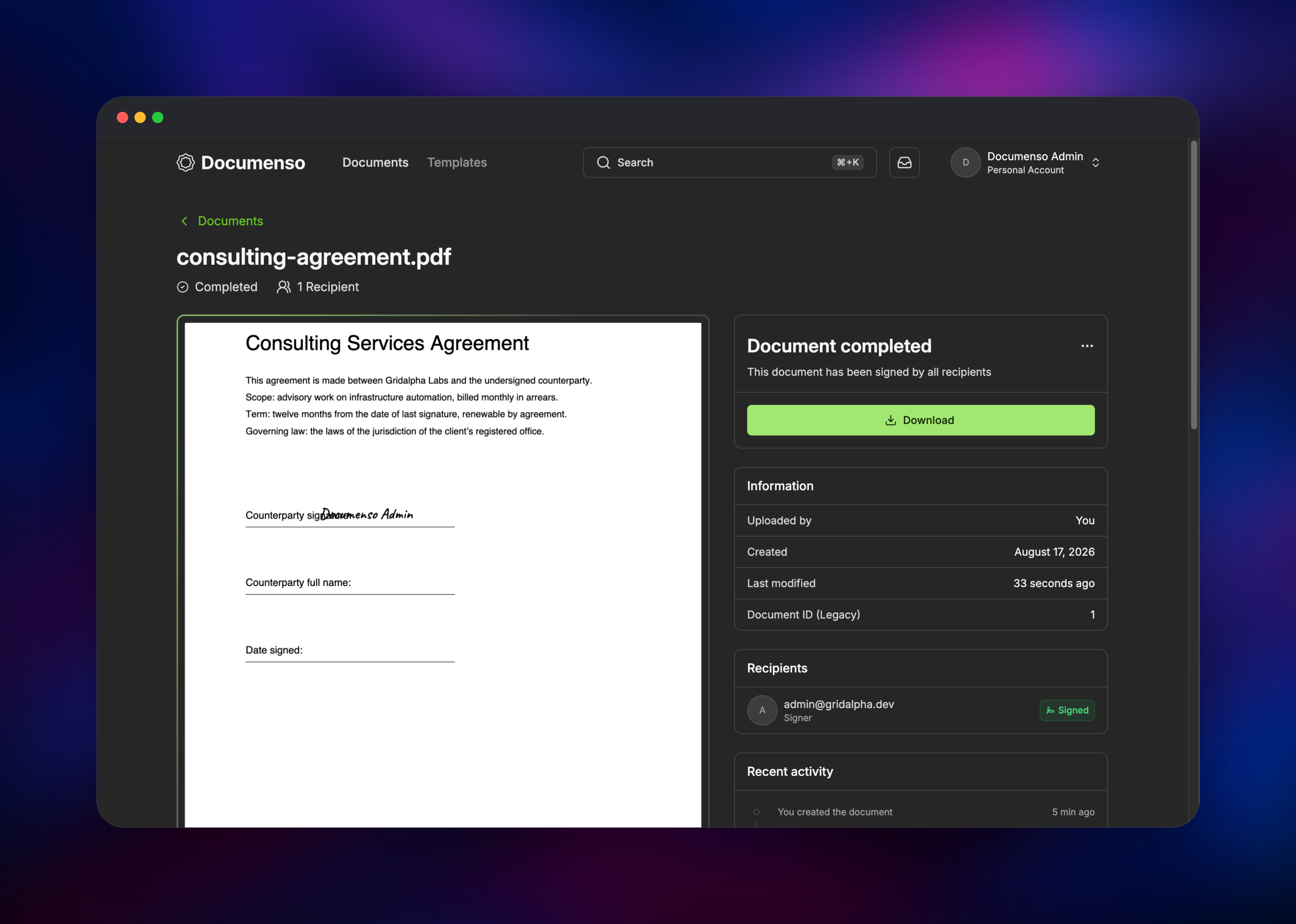 Documenso completed document page with signed recipient and download