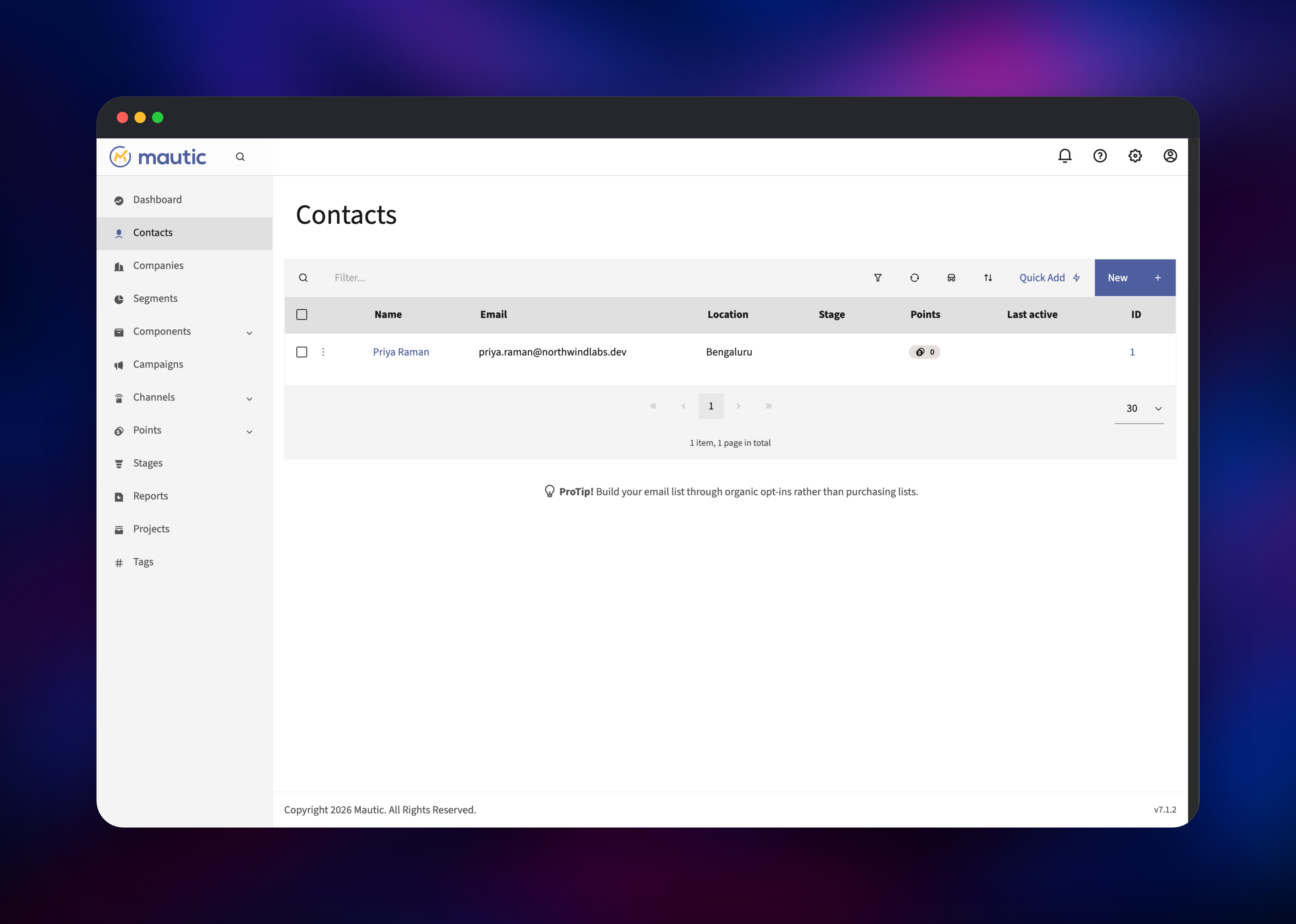 Mautic contacts list showing a subscriber record