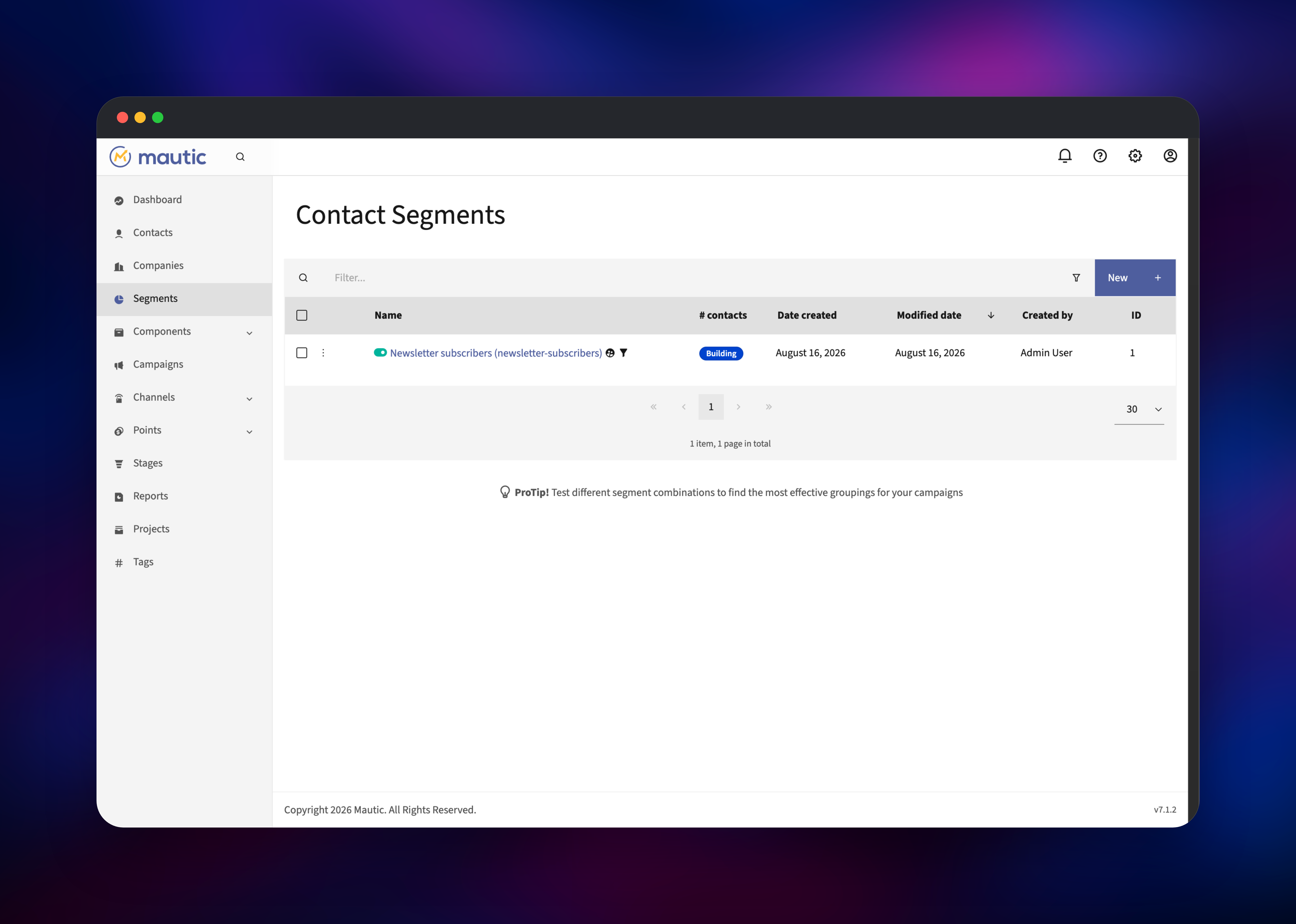 Mautic contact segments list with a newsletter segment