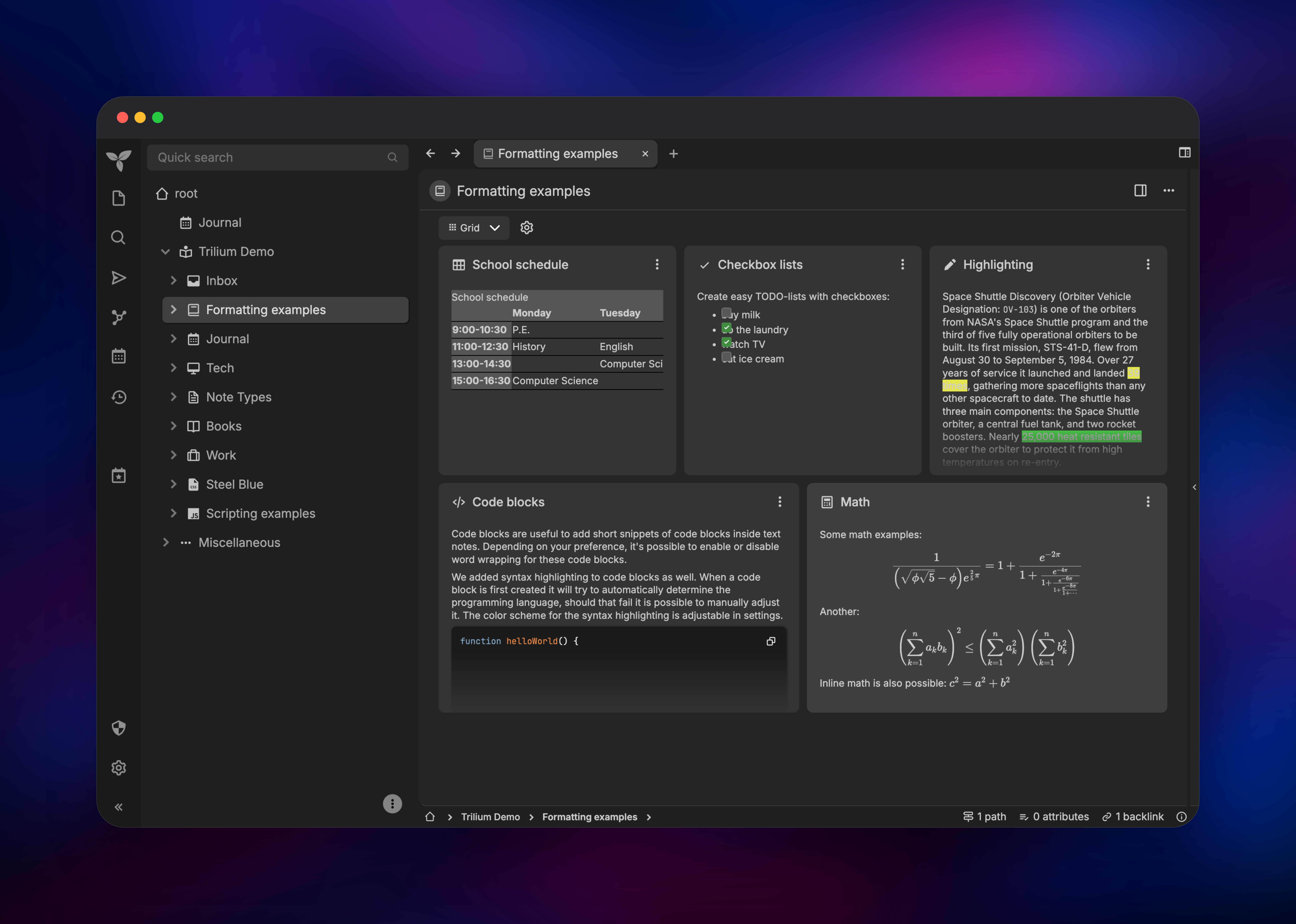 Trilium note showing tables, checklists, code and maths