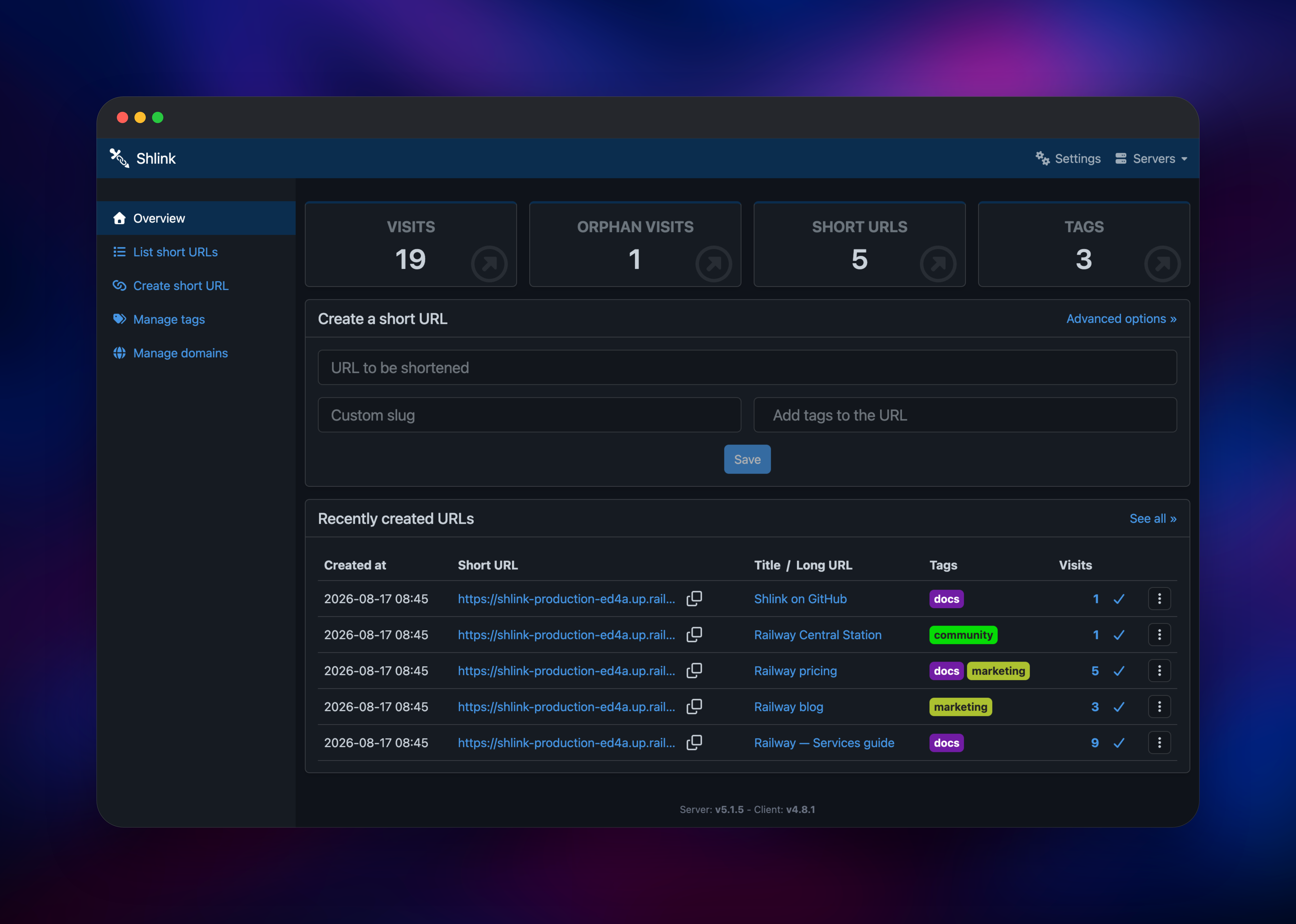 Shlink overview dashboard counting visits, short URLs and tags