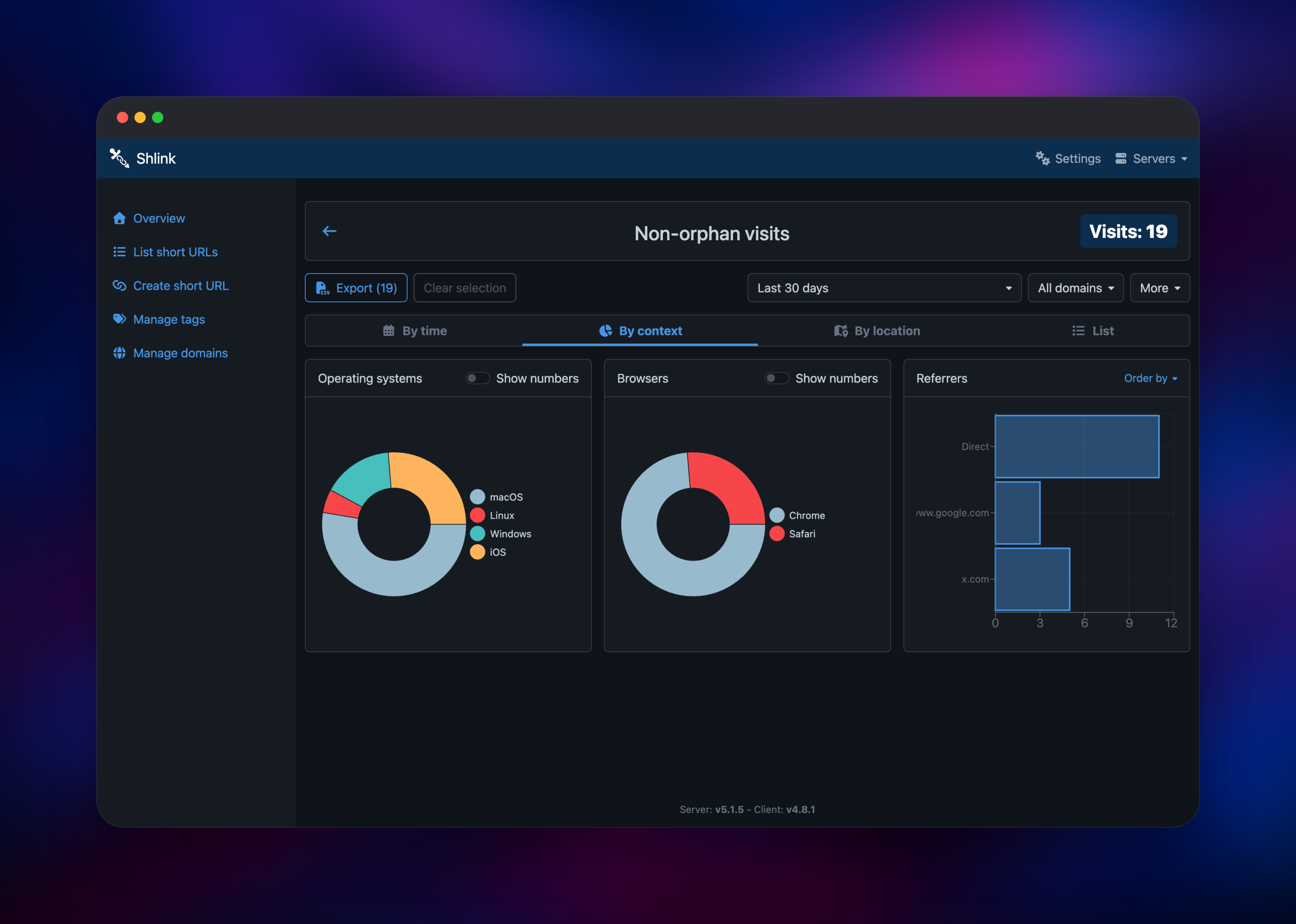 Shlink visit analytics charting operating systems, browsers and referrers