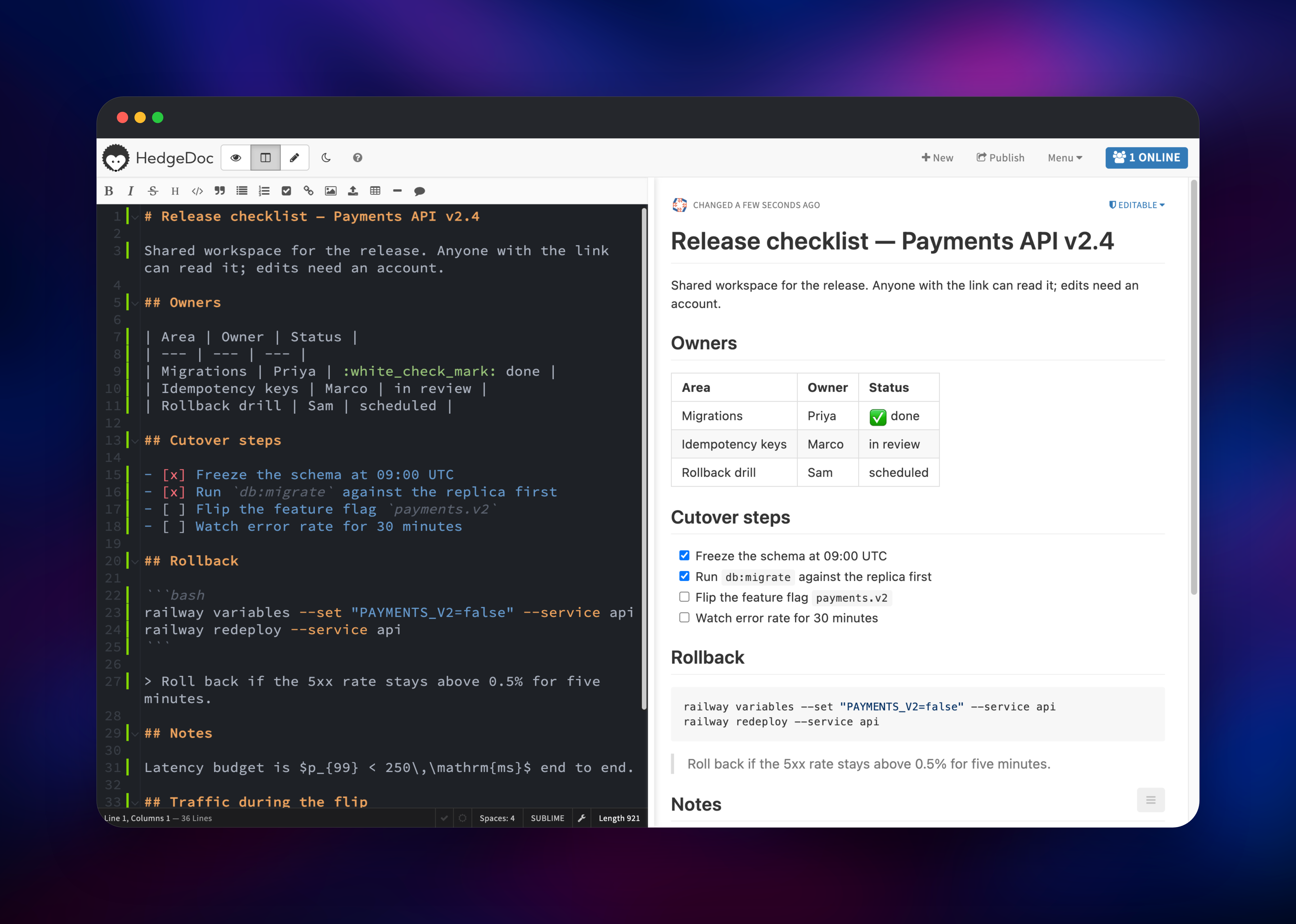 HedgeDoc split view editing a release checklist in markdown