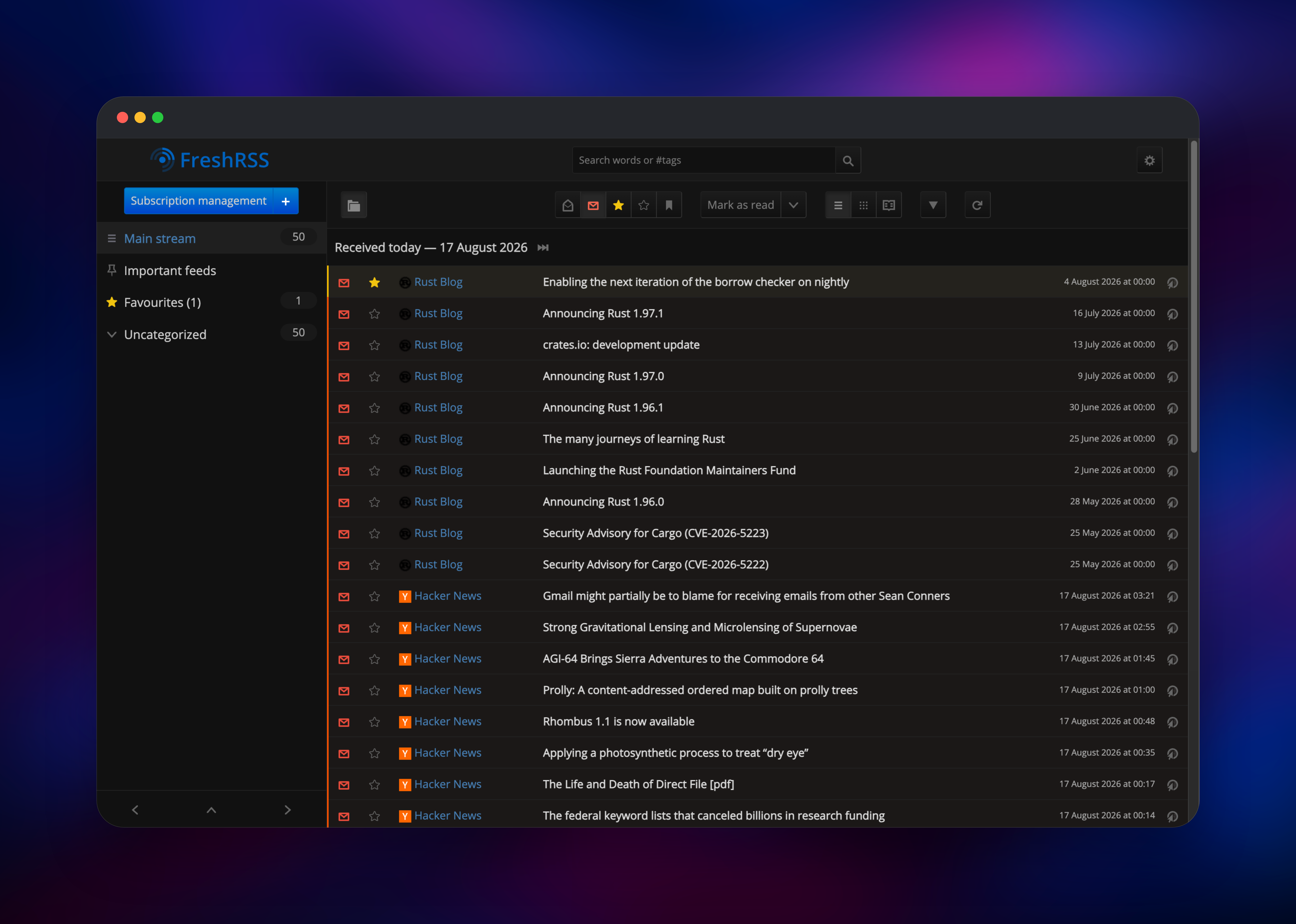 FreshRSS main stream listing unread Rust Blog and Hacker News articles