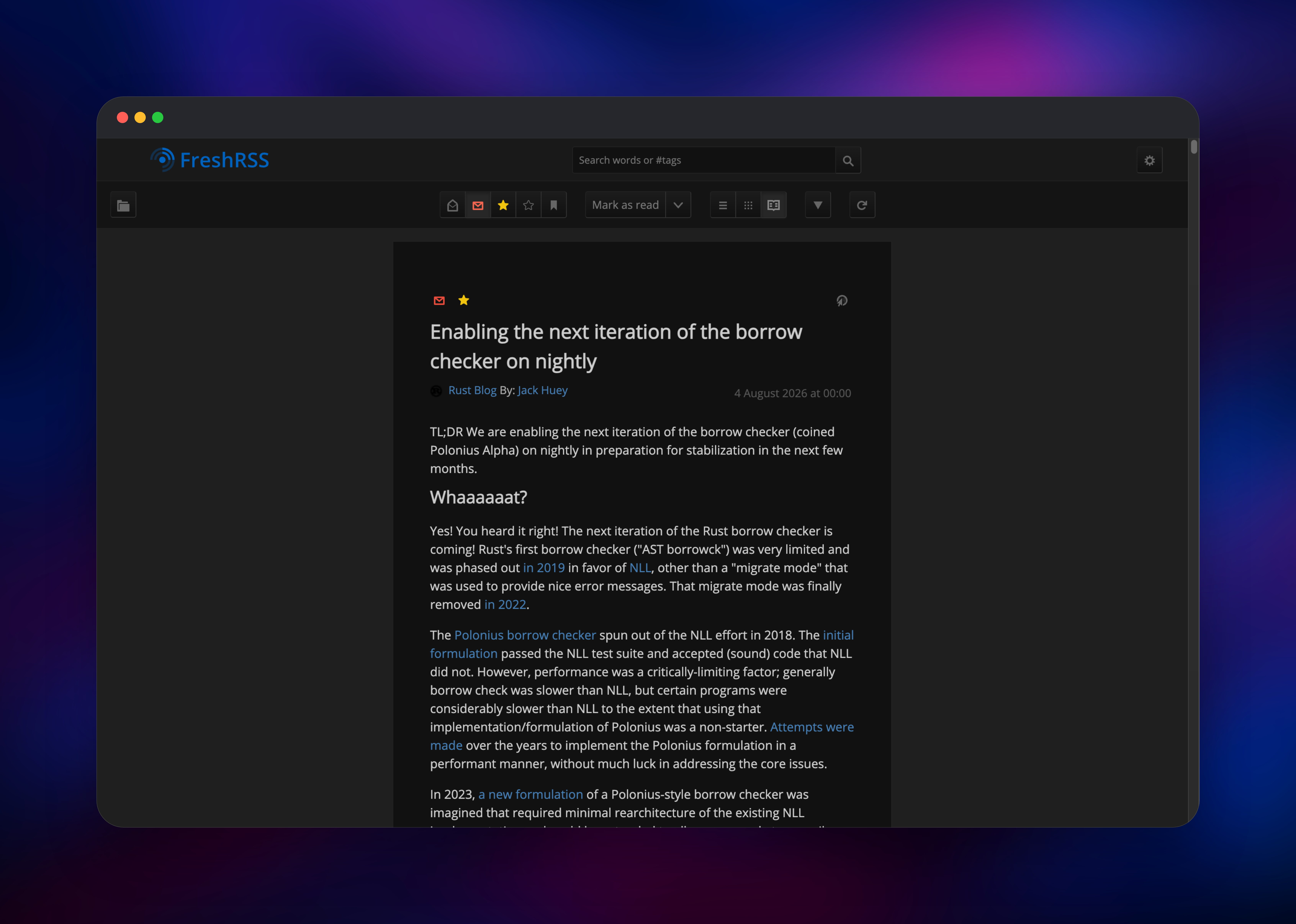 FreshRSS reading view showing a full Rust Blog article