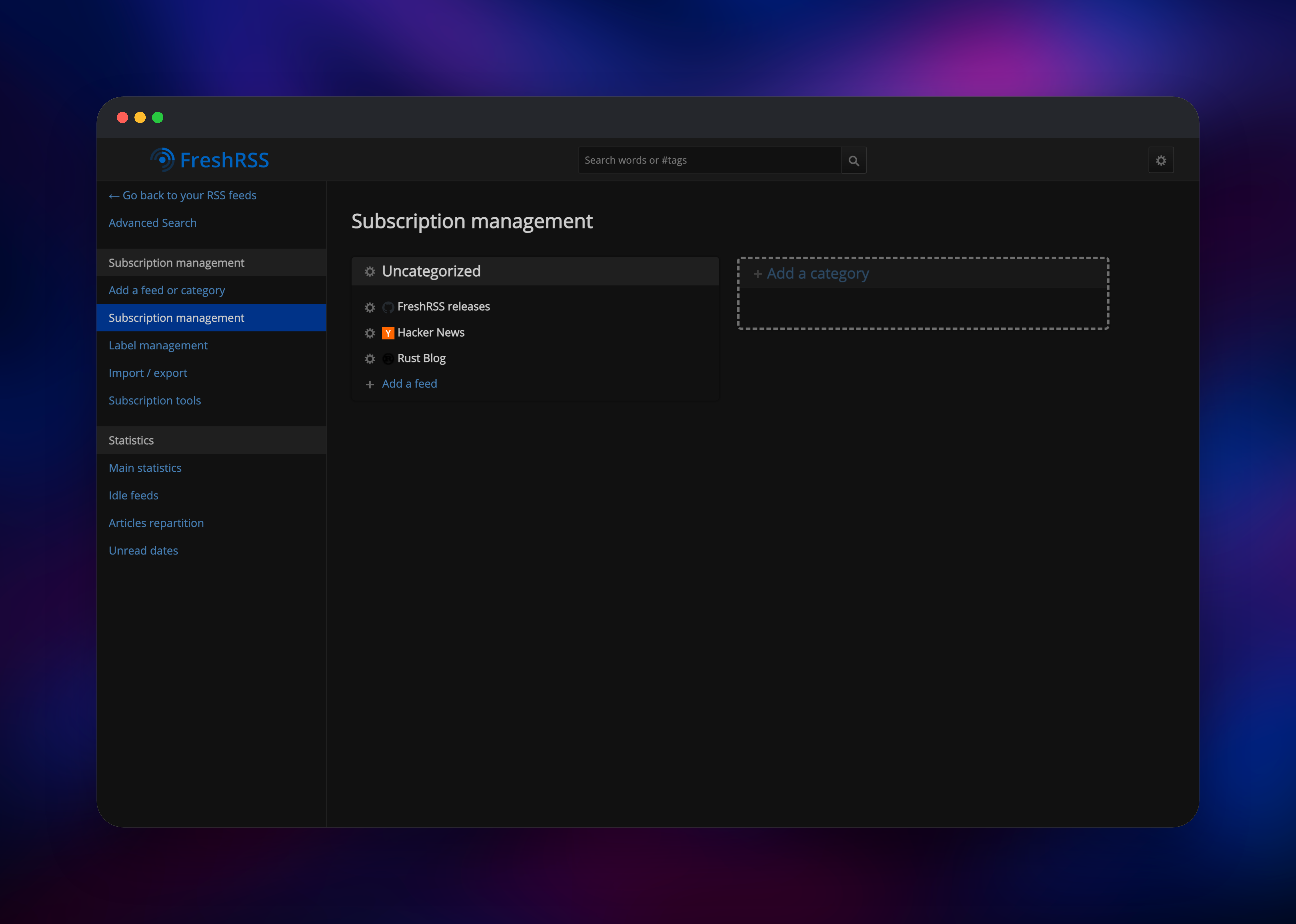 FreshRSS subscription management listing three subscribed feeds