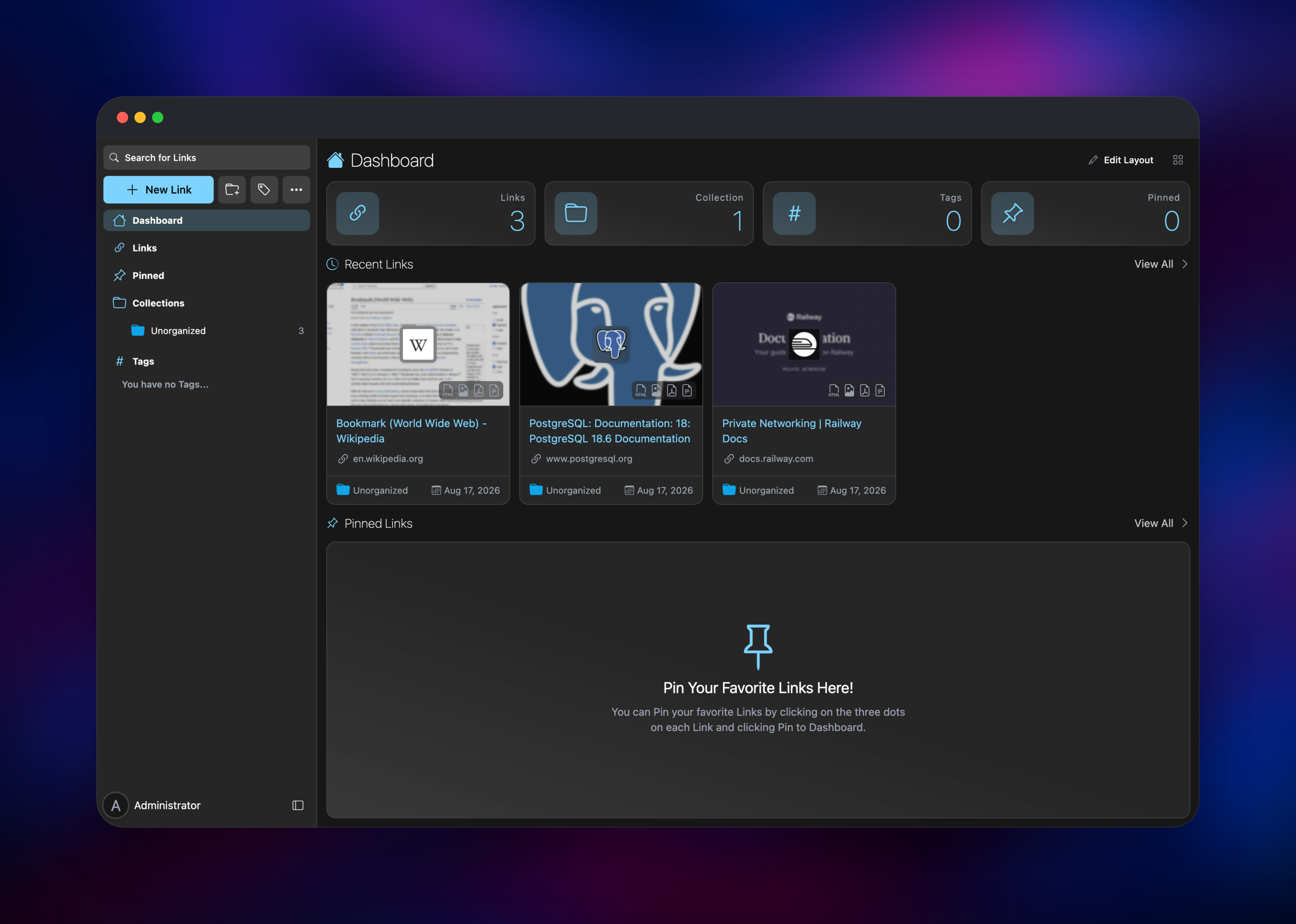 Linkwarden dashboard showing three preserved bookmarks with thumbnails