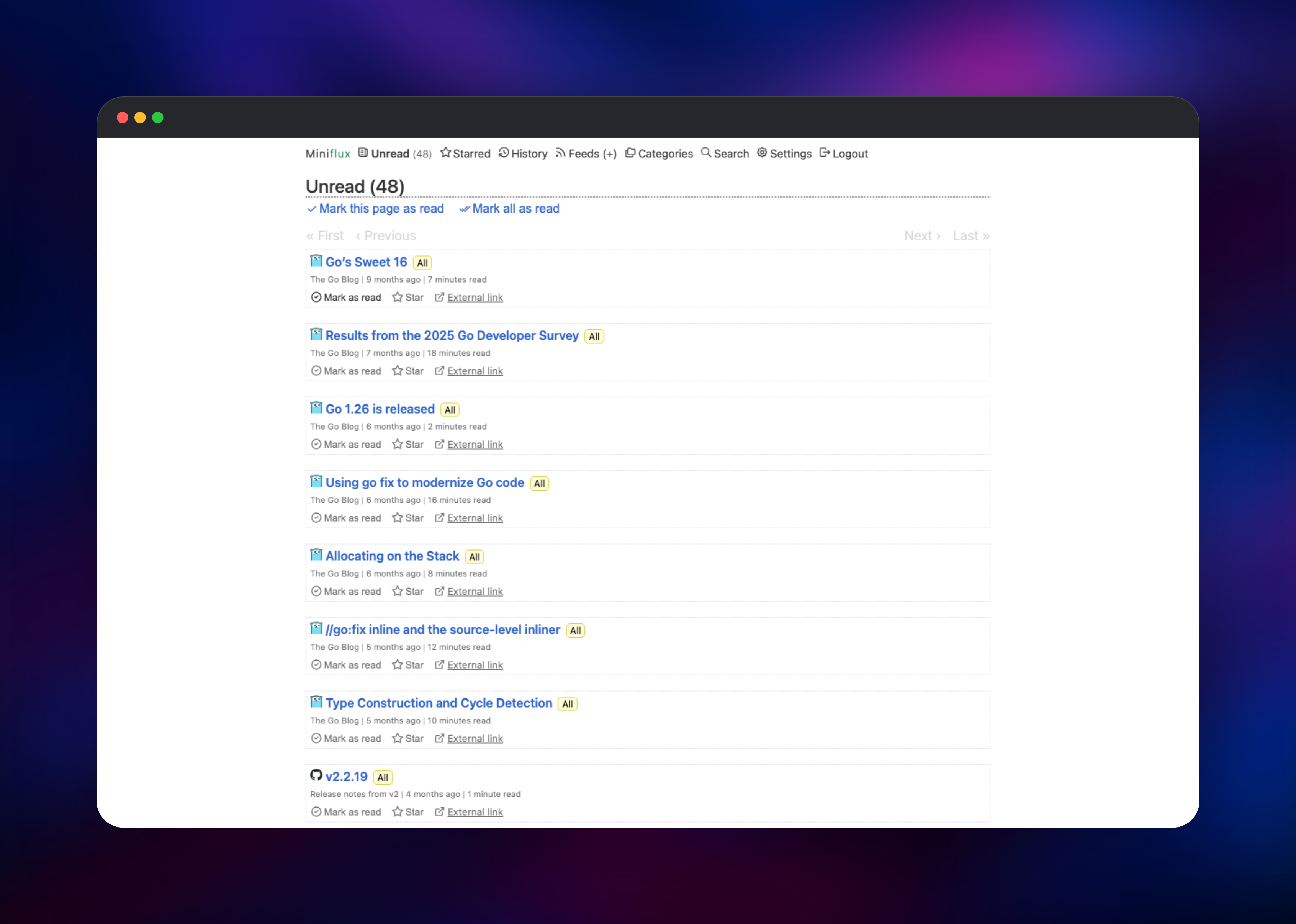 Miniflux unread list showing Go Blog articles