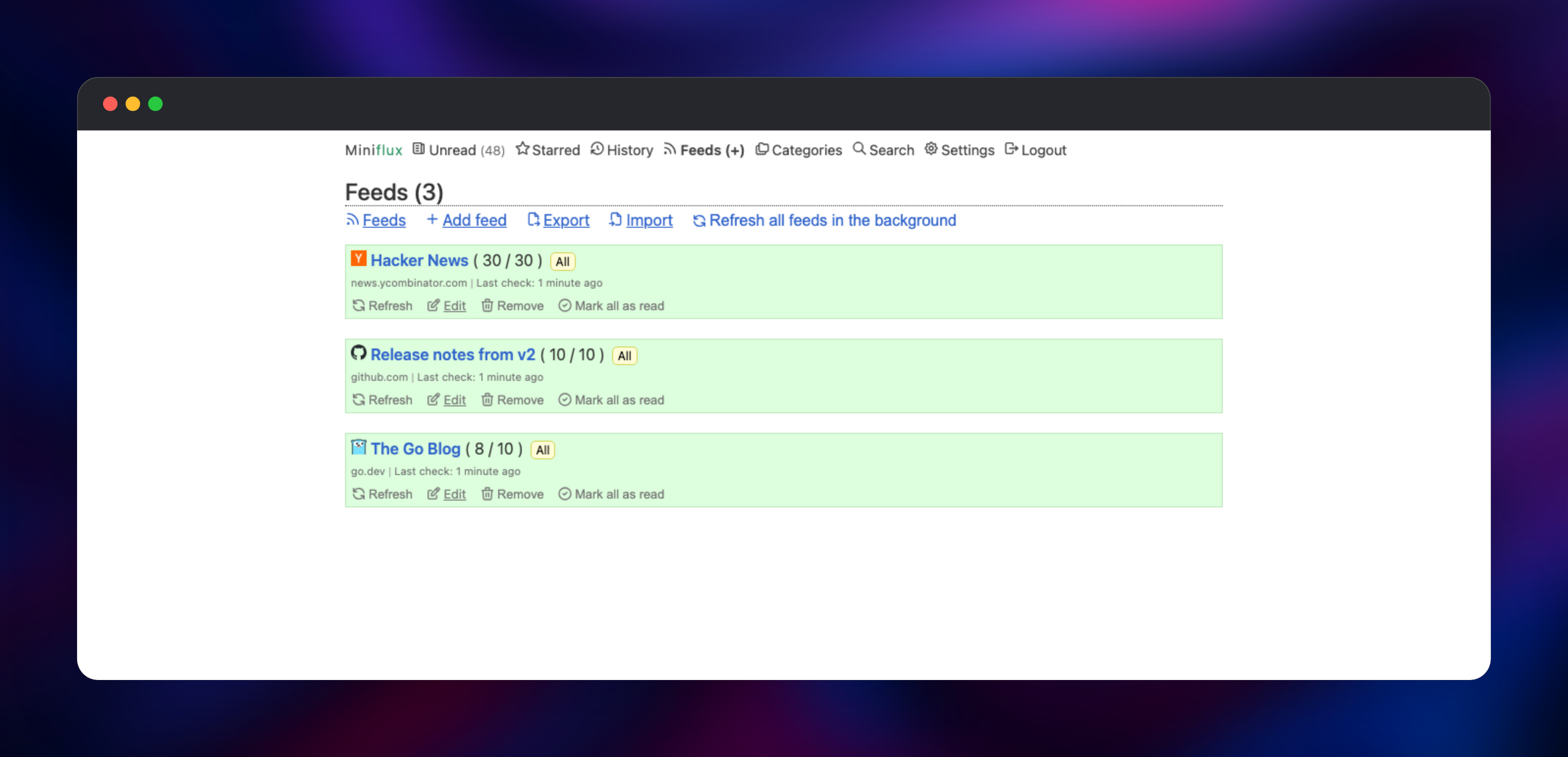 Miniflux feeds page listing three subscribed feeds