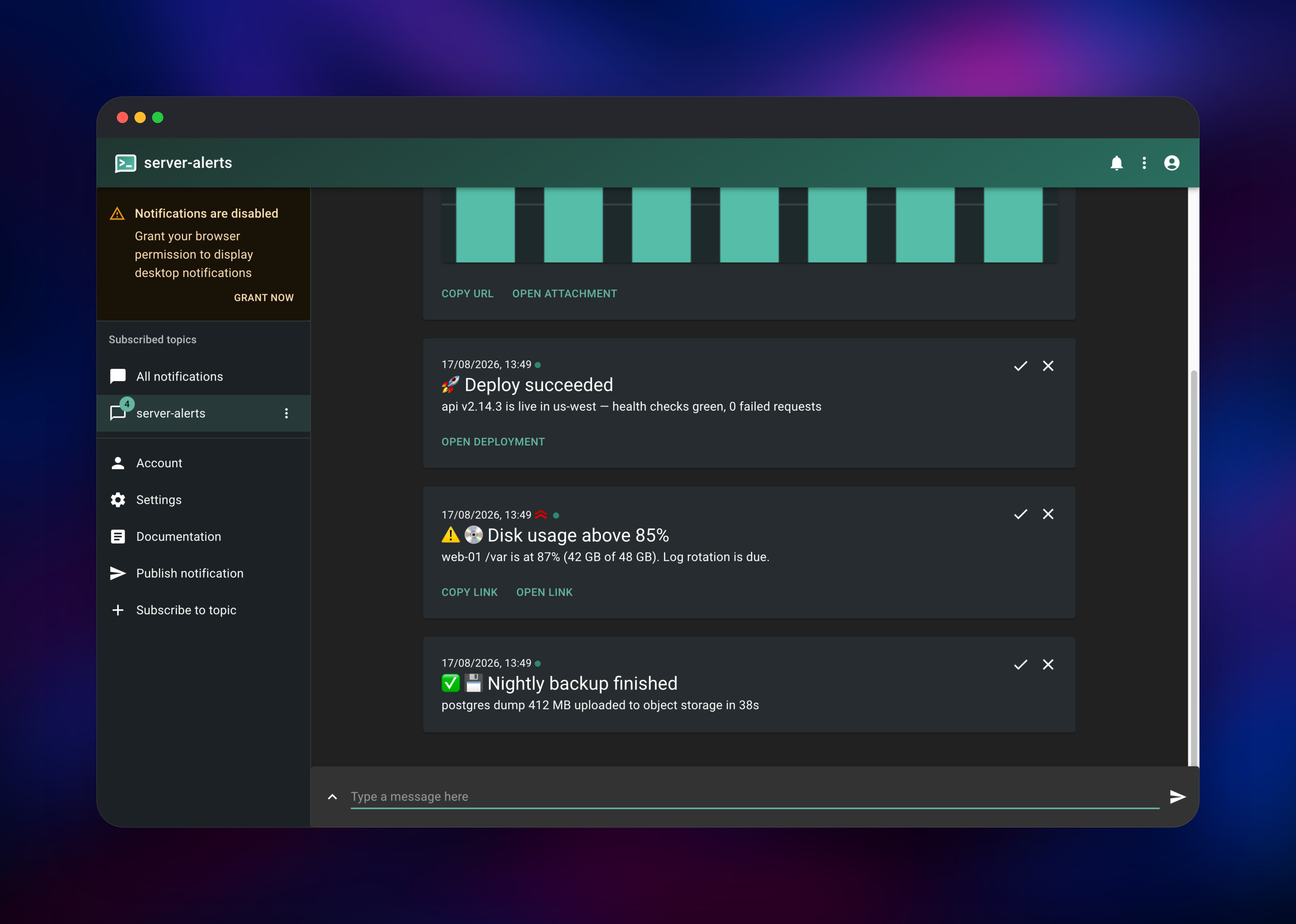 ntfy topic feed showing deploy, disk and backup alerts