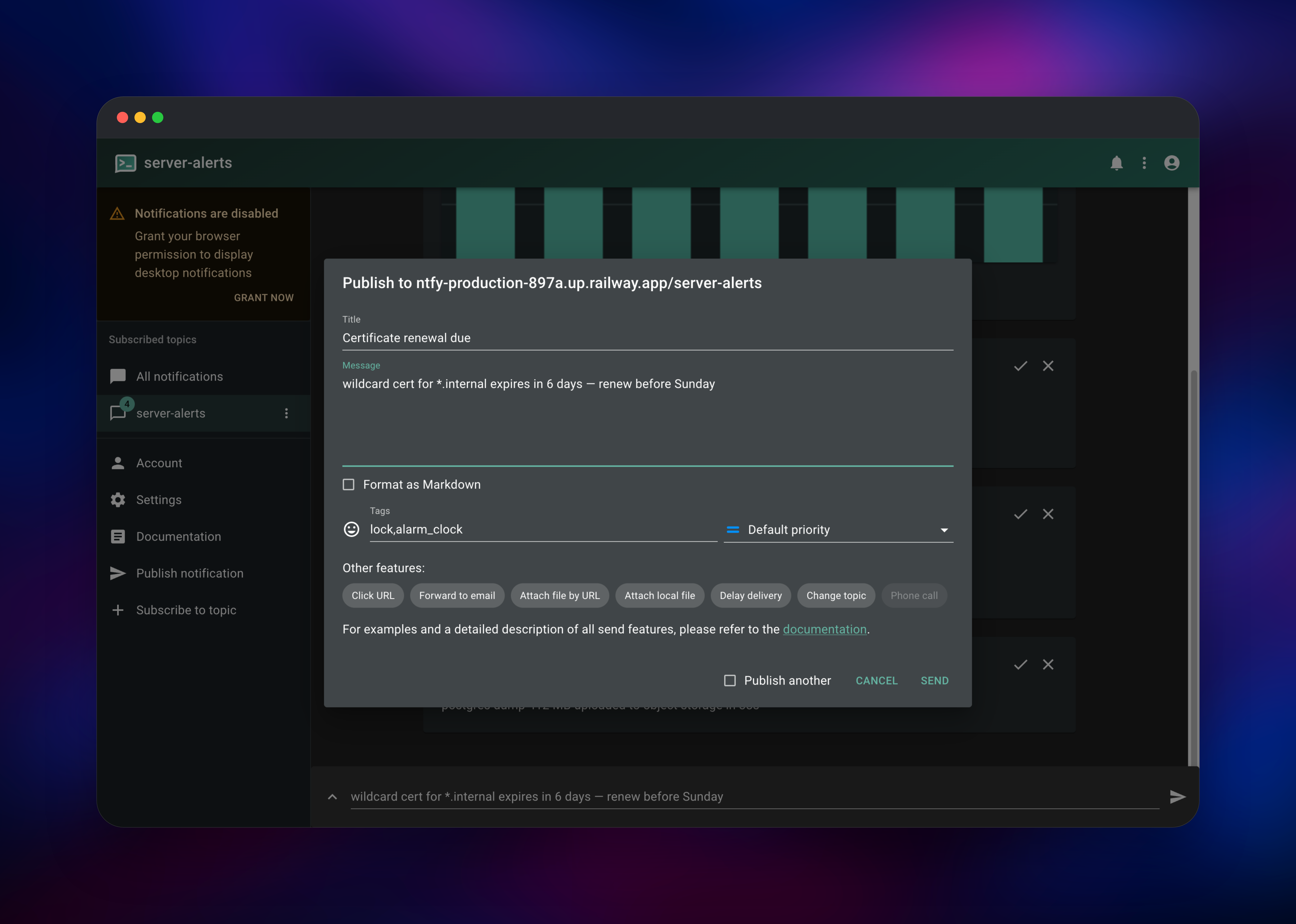 ntfy publish dialog with title, tags and priority filled in