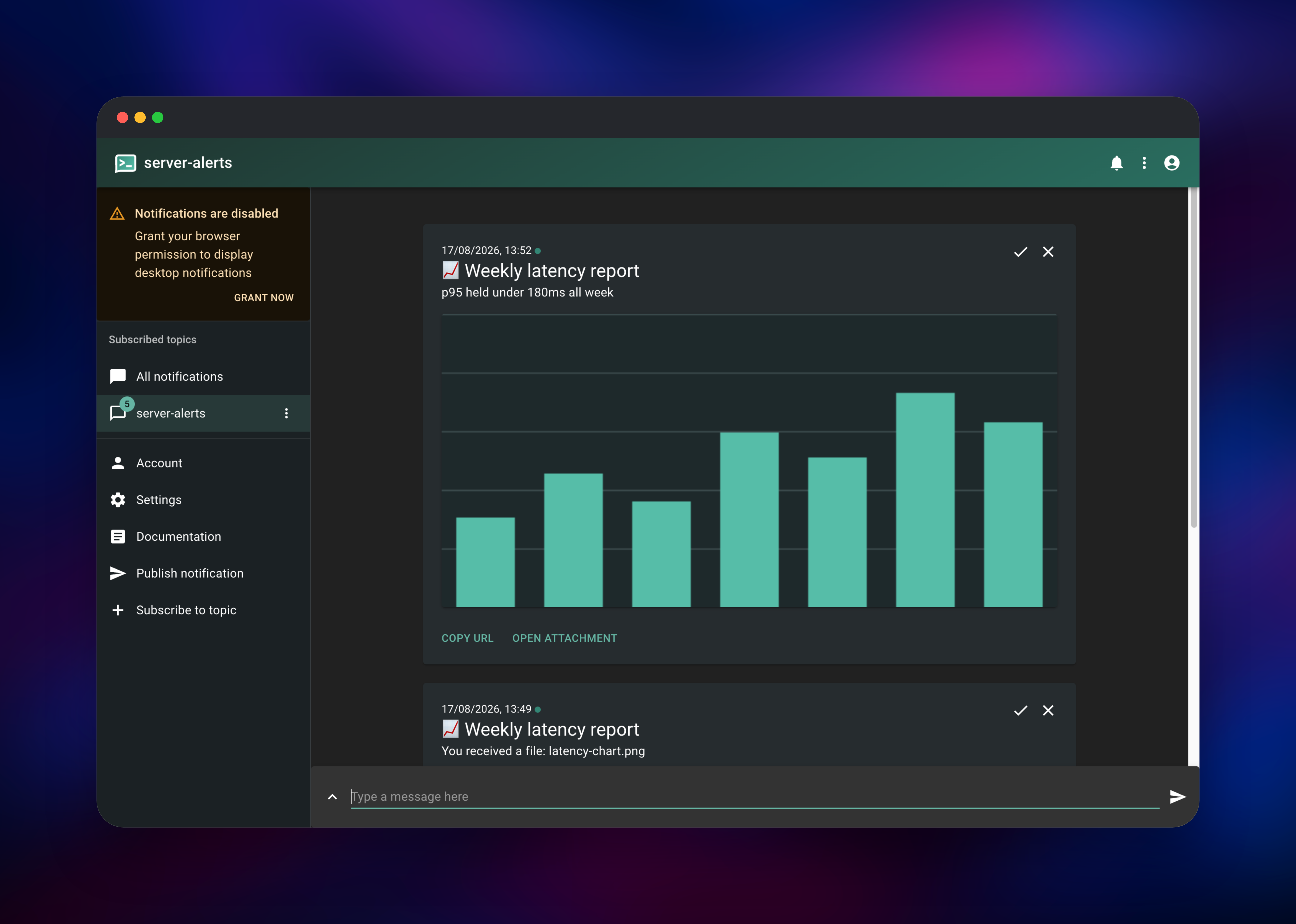 ntfy notification previewing an attached latency chart image