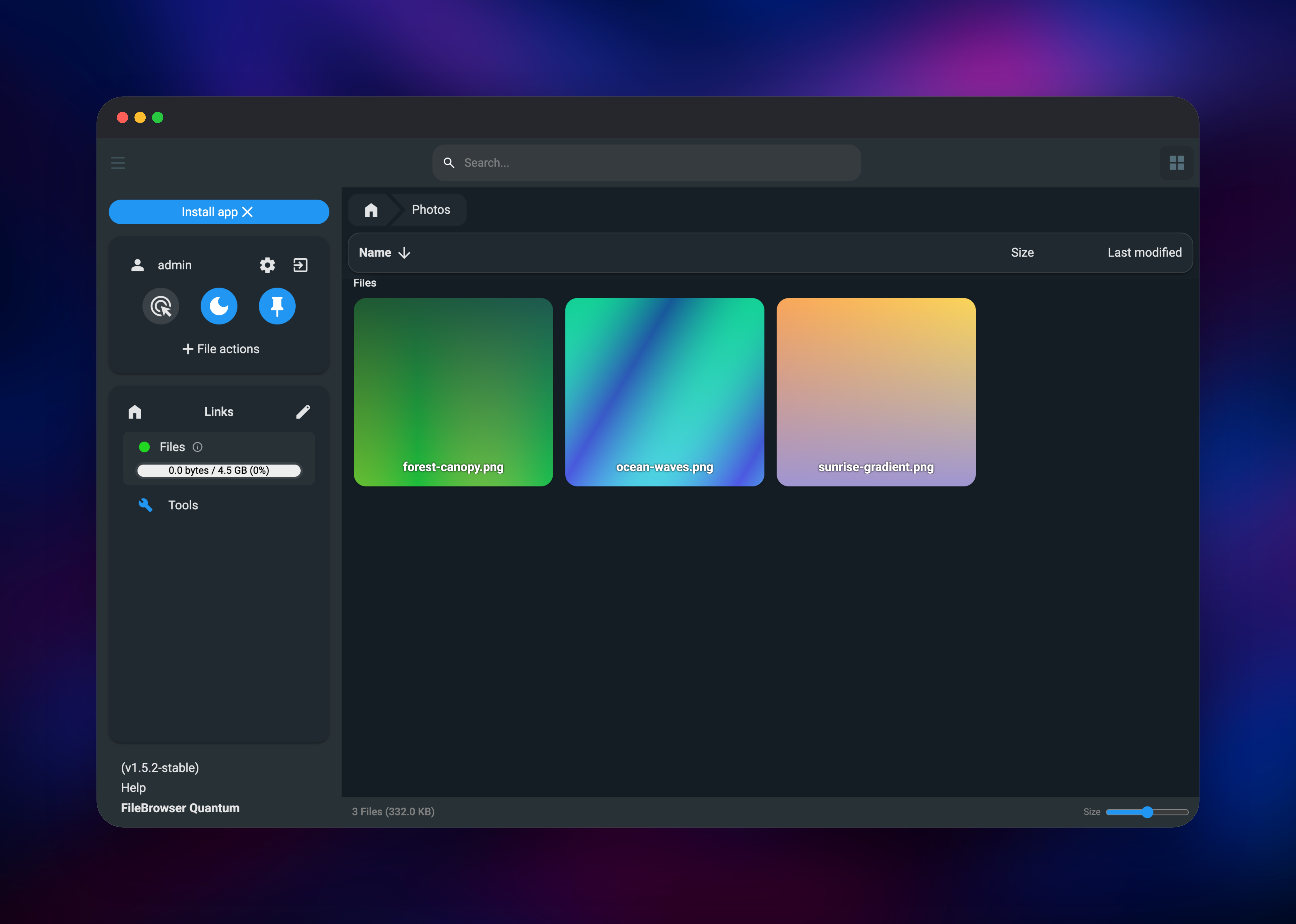 FileBrowser Quantum gallery view showing image thumbnails