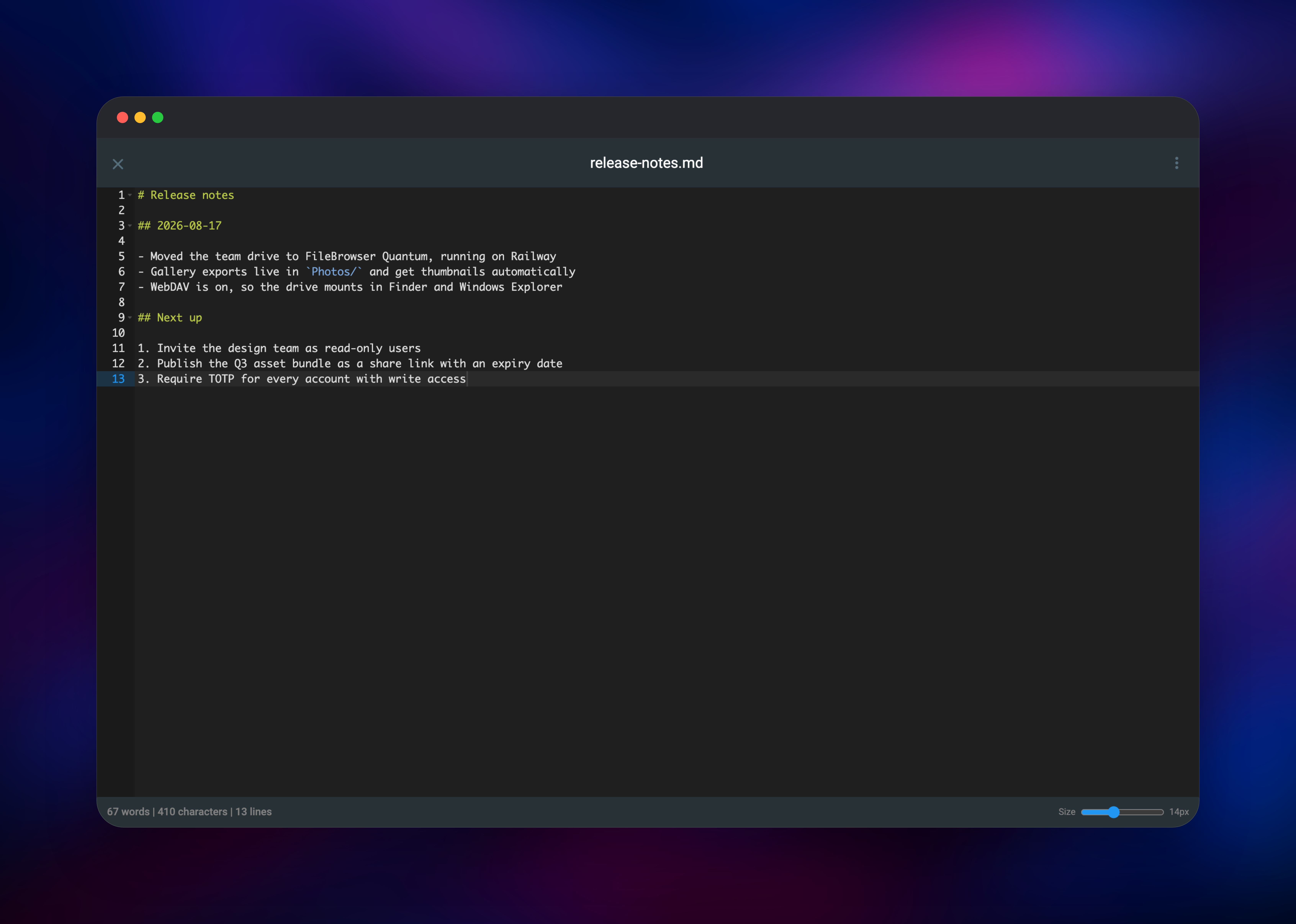 FileBrowser Quantum editing release notes in its Markdown editor
