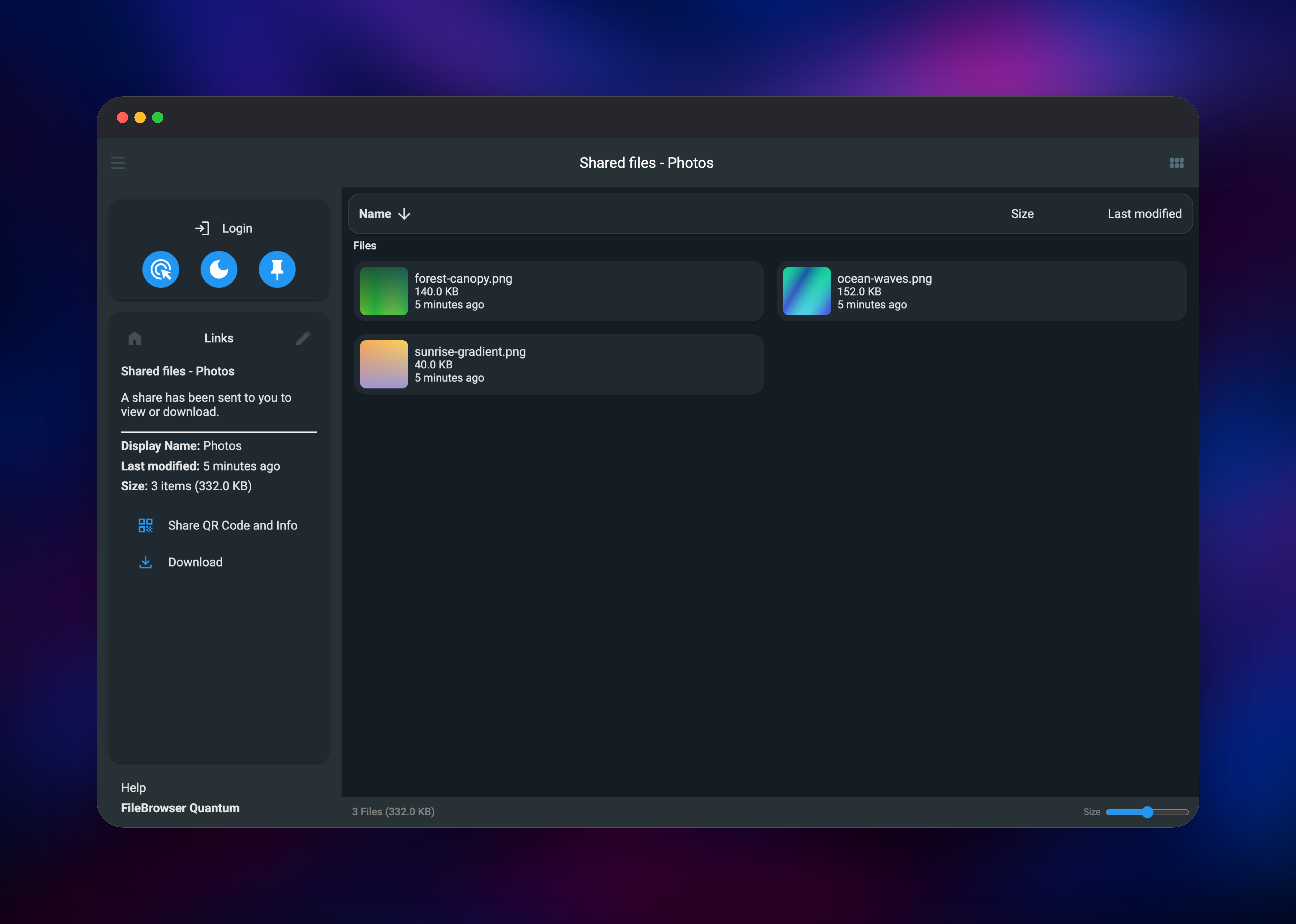 FileBrowser Quantum public share page listing three shared photos