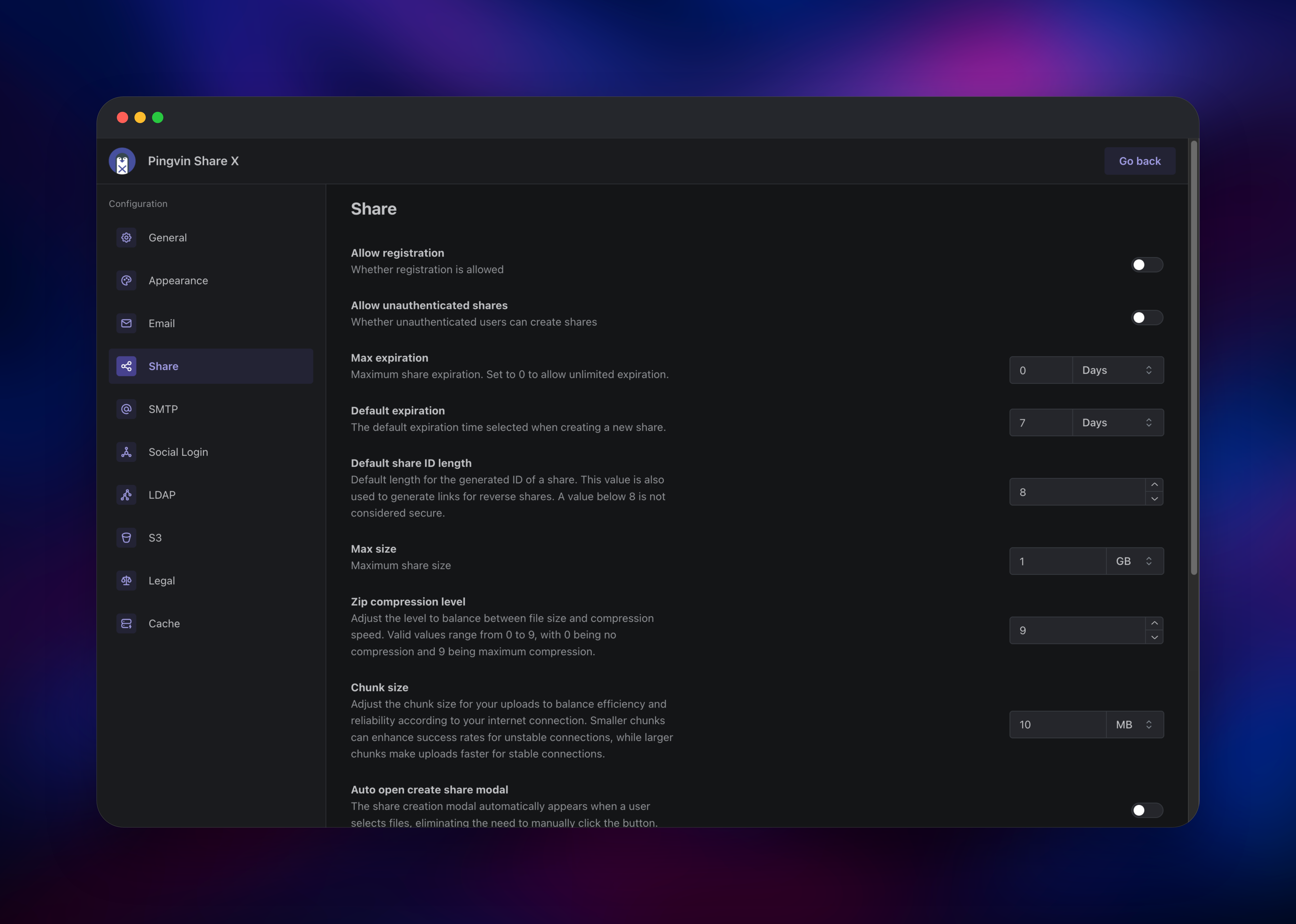 Pingvin Share X admin configuration for share settings