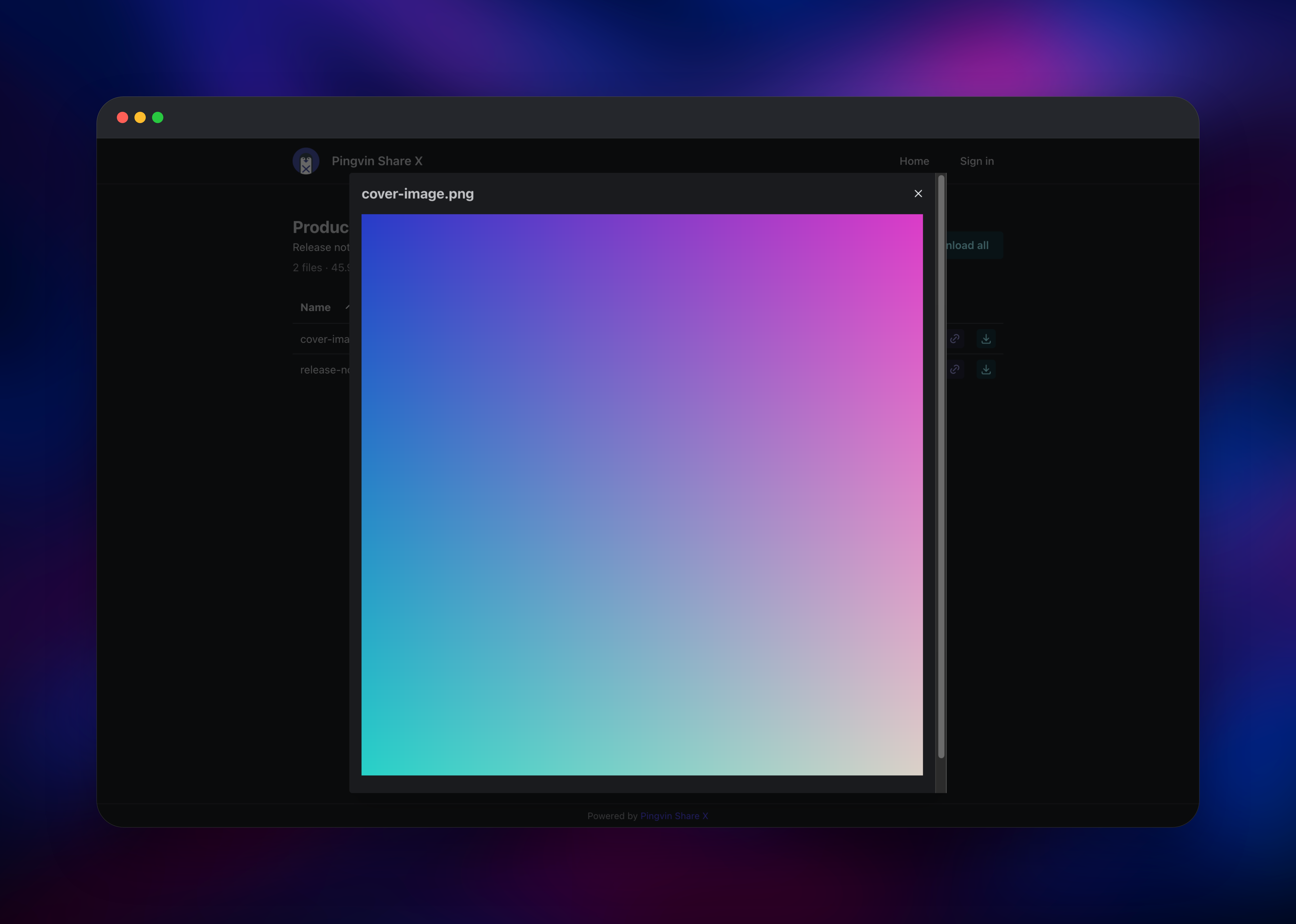 Pingvin Share X previewing a shared image in the browser