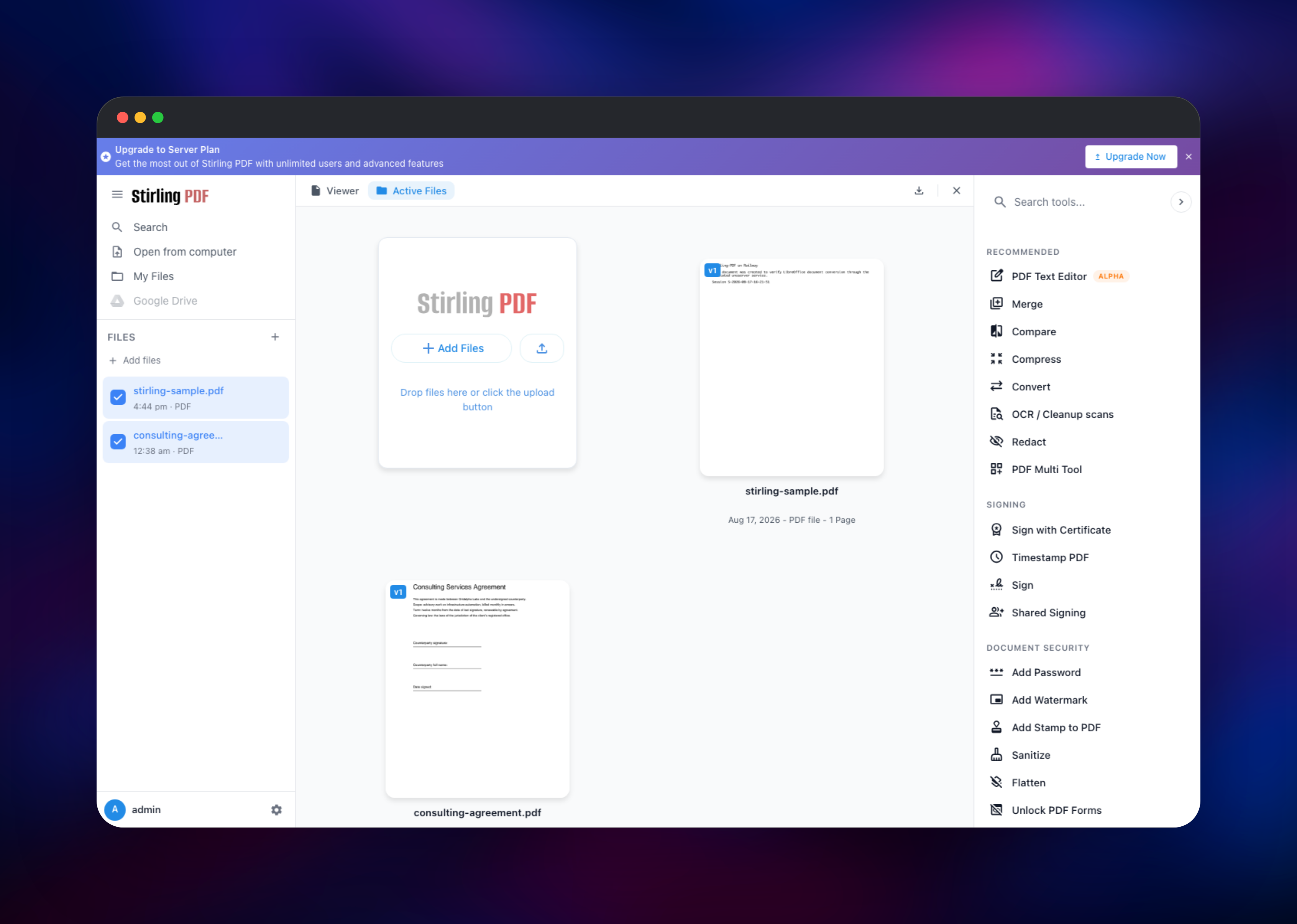 Stirling-PDF workspace holding two PDFs beside its tool library