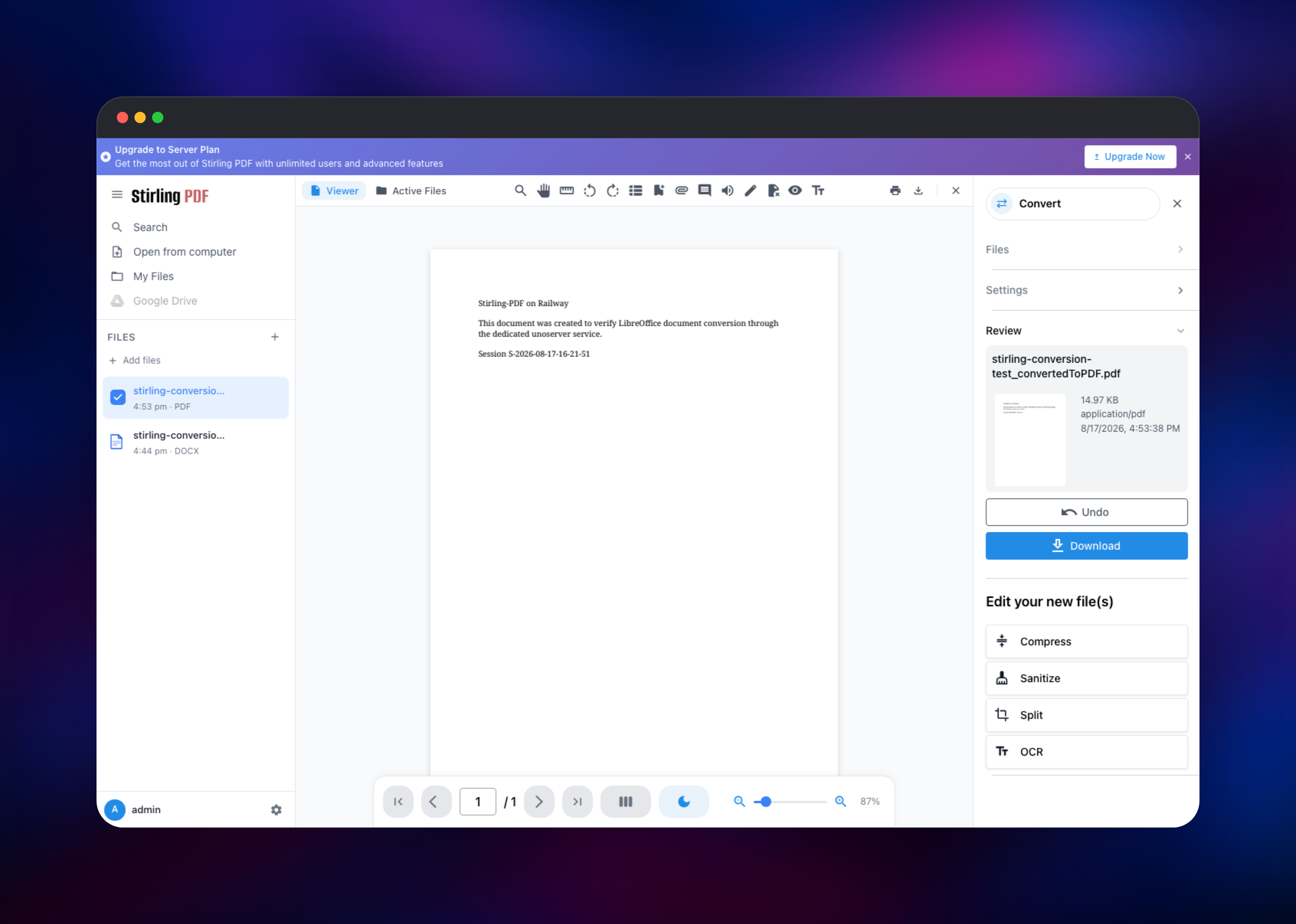Stirling-PDF viewer showing a Word document converted to PDF