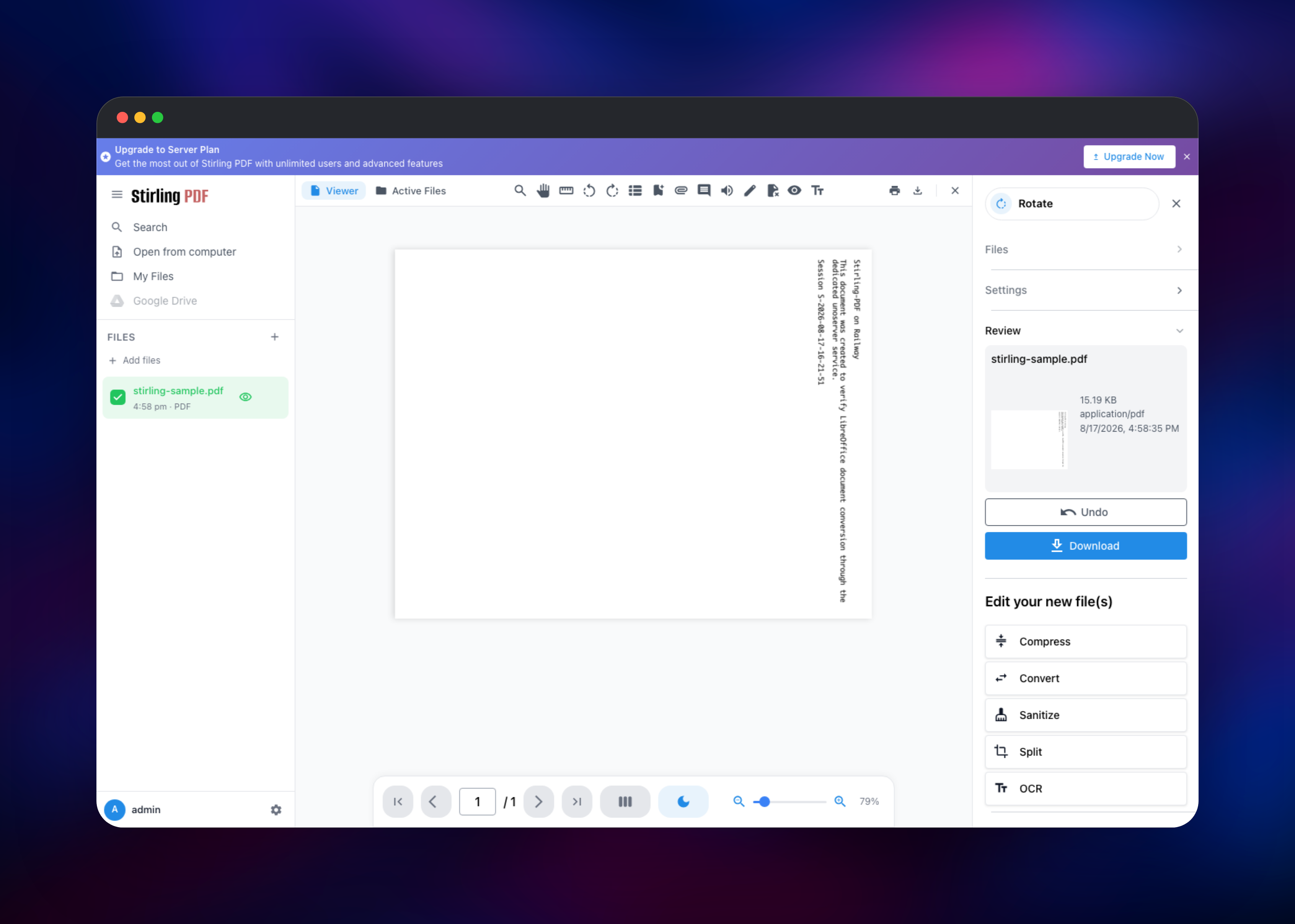 Stirling-PDF rotate tool applied to a one-page PDF