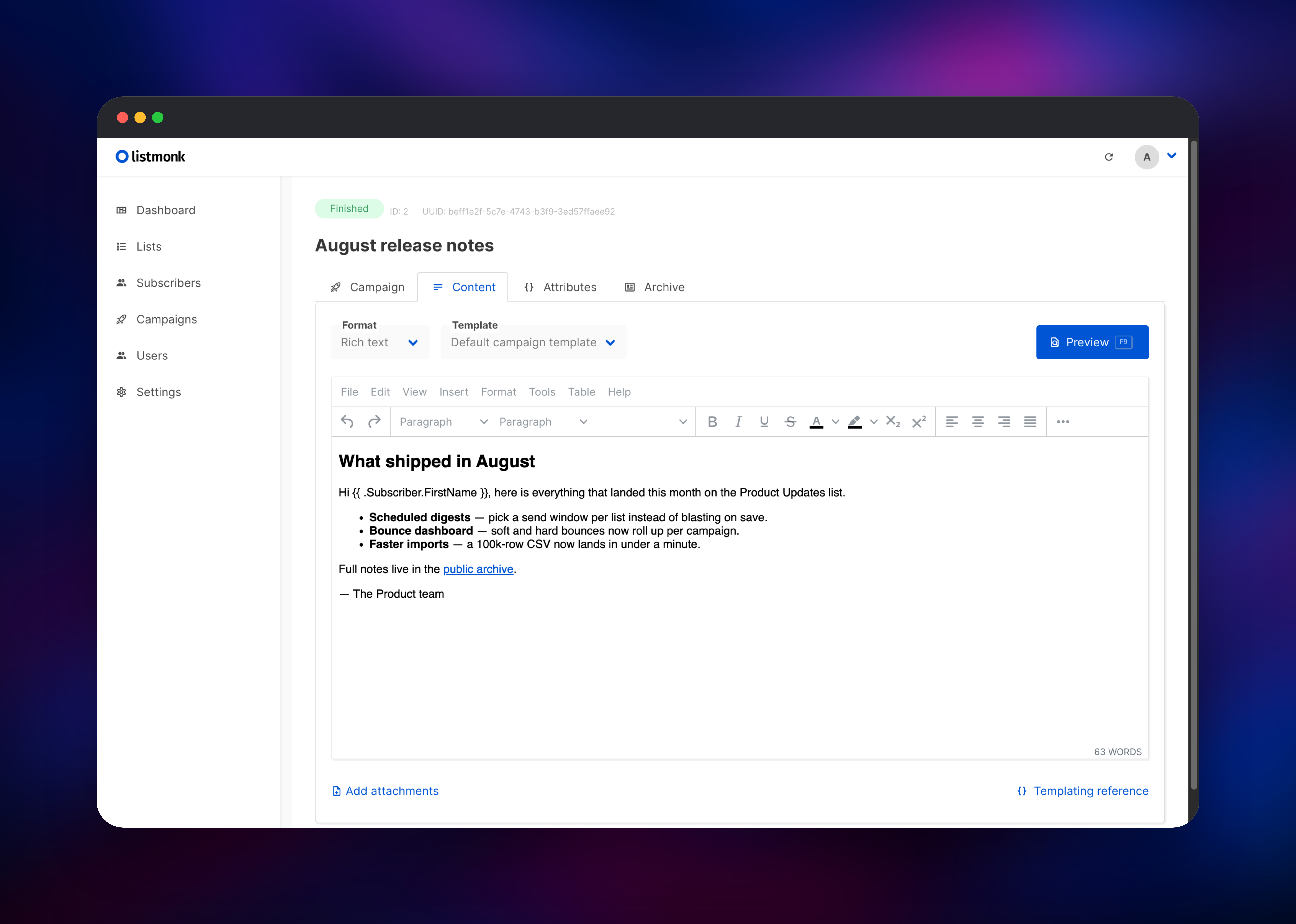 Listmonk campaign editor holding August release notes