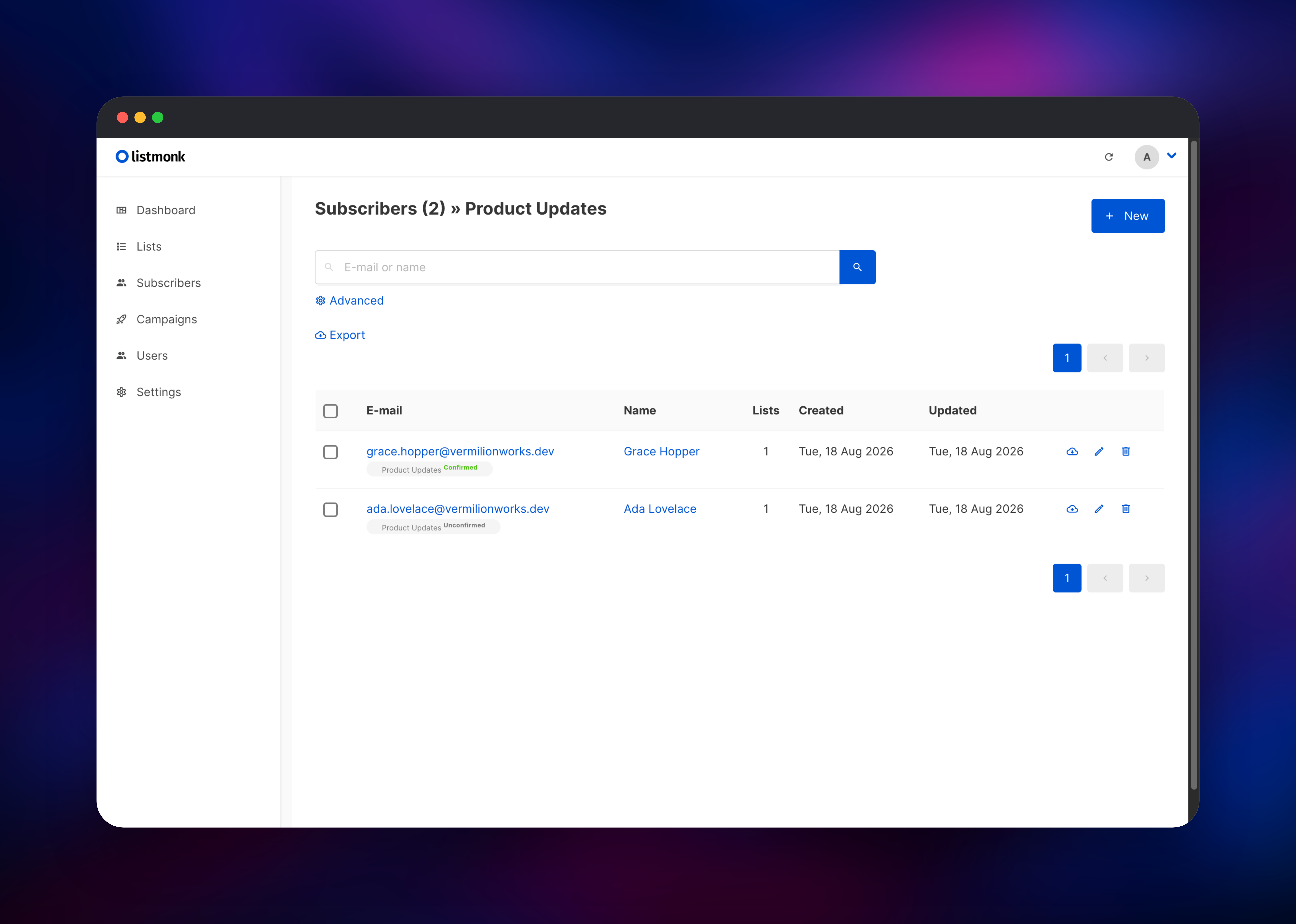 Listmonk subscribers list showing confirmed and unconfirmed opt-ins