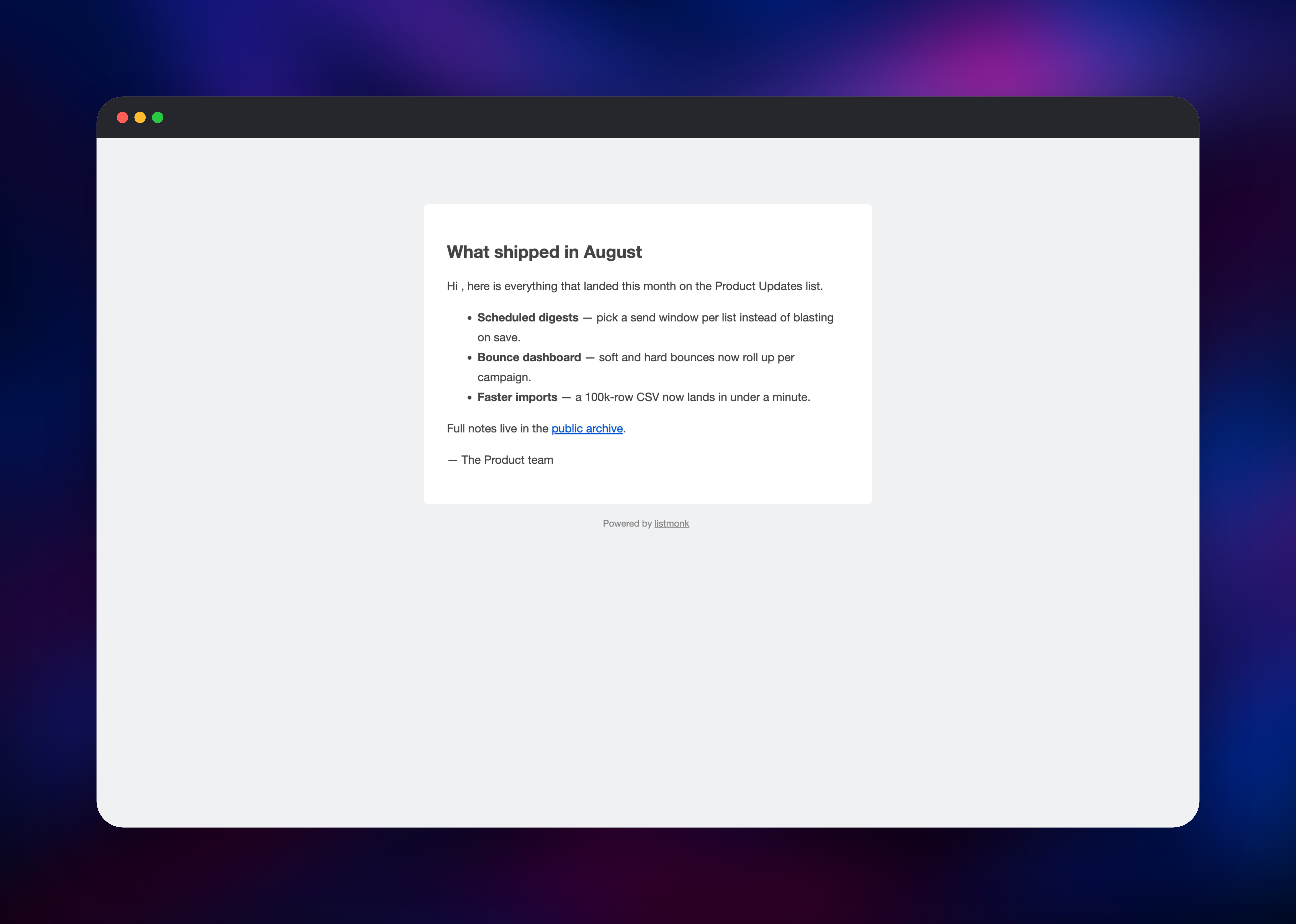 Listmonk public archive page for a sent newsletter