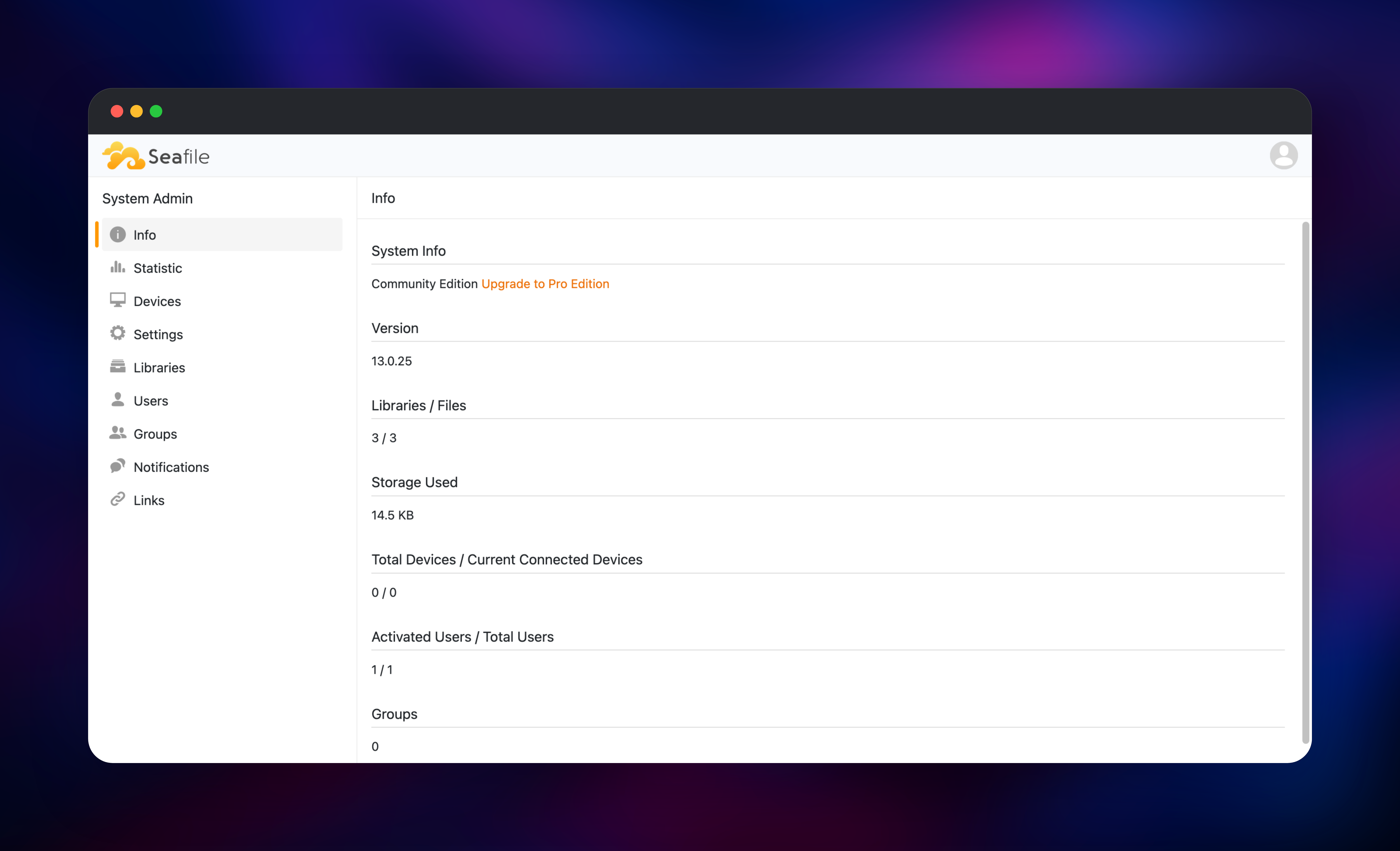 Seafile system admin page showing Community Edition version and storage