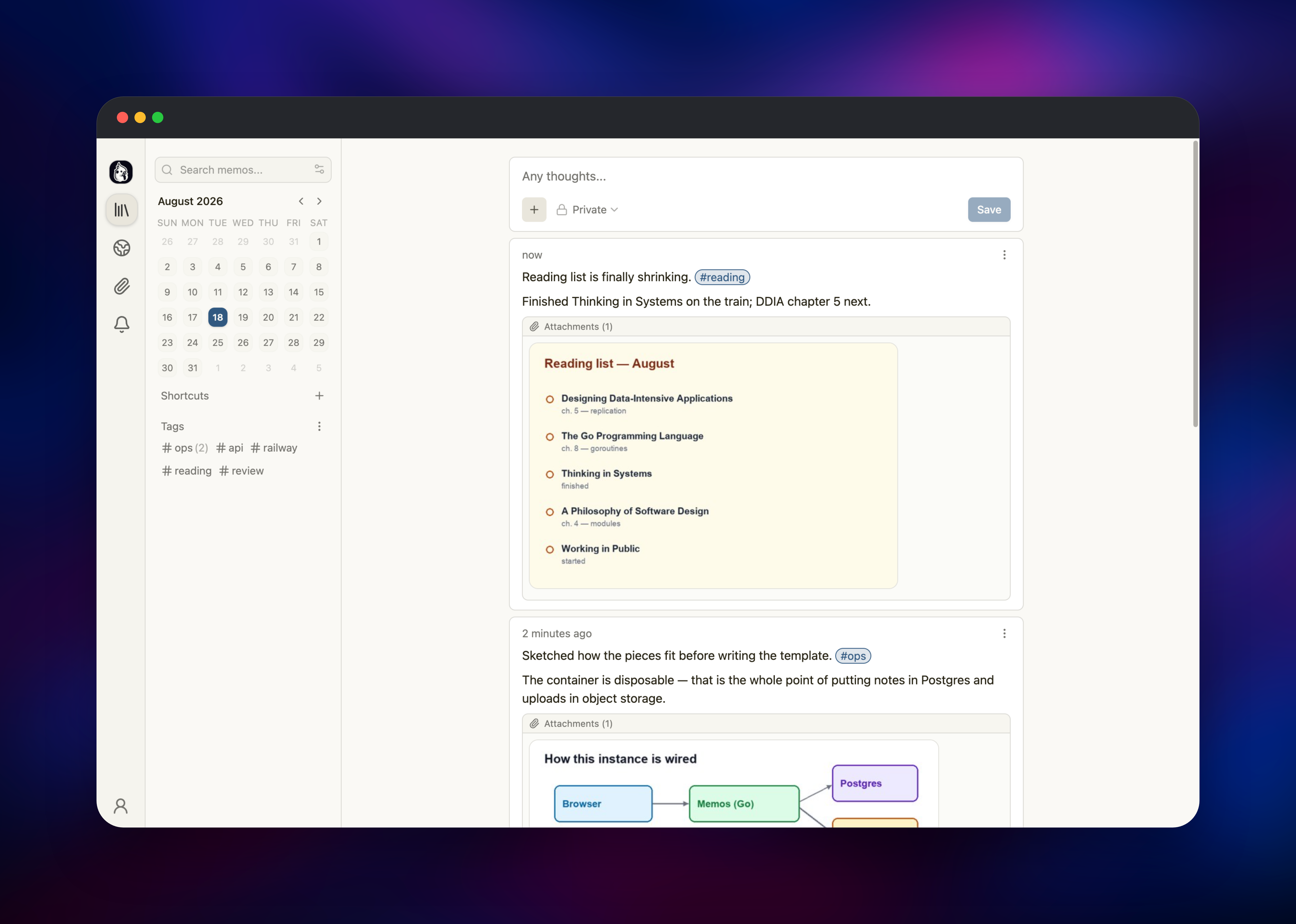 Memos timeline of tagged notes with an image attachment
