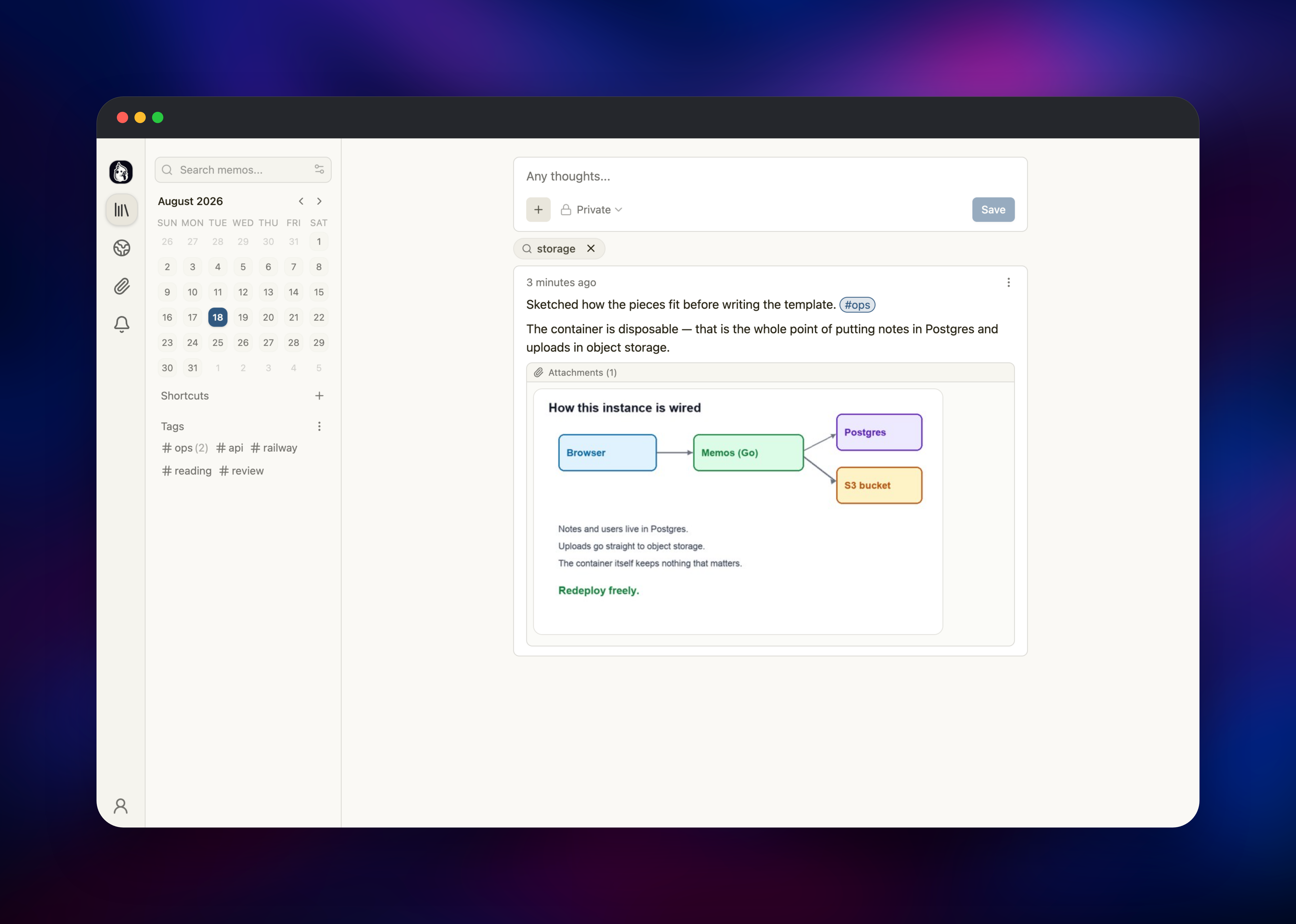 Memos full-text search filtering notes by the word storage