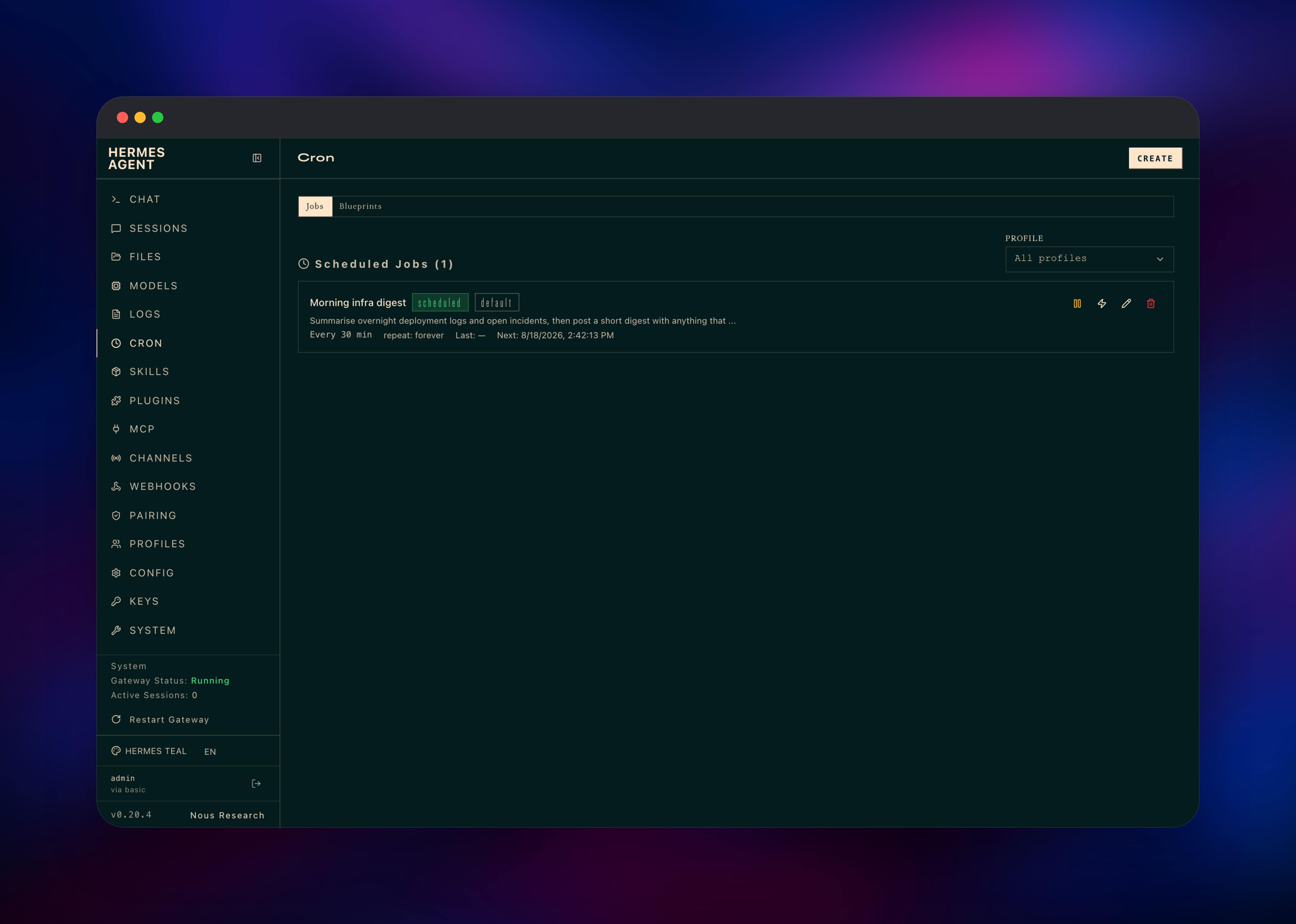 Hermes Agent cron page with a scheduled digest automation