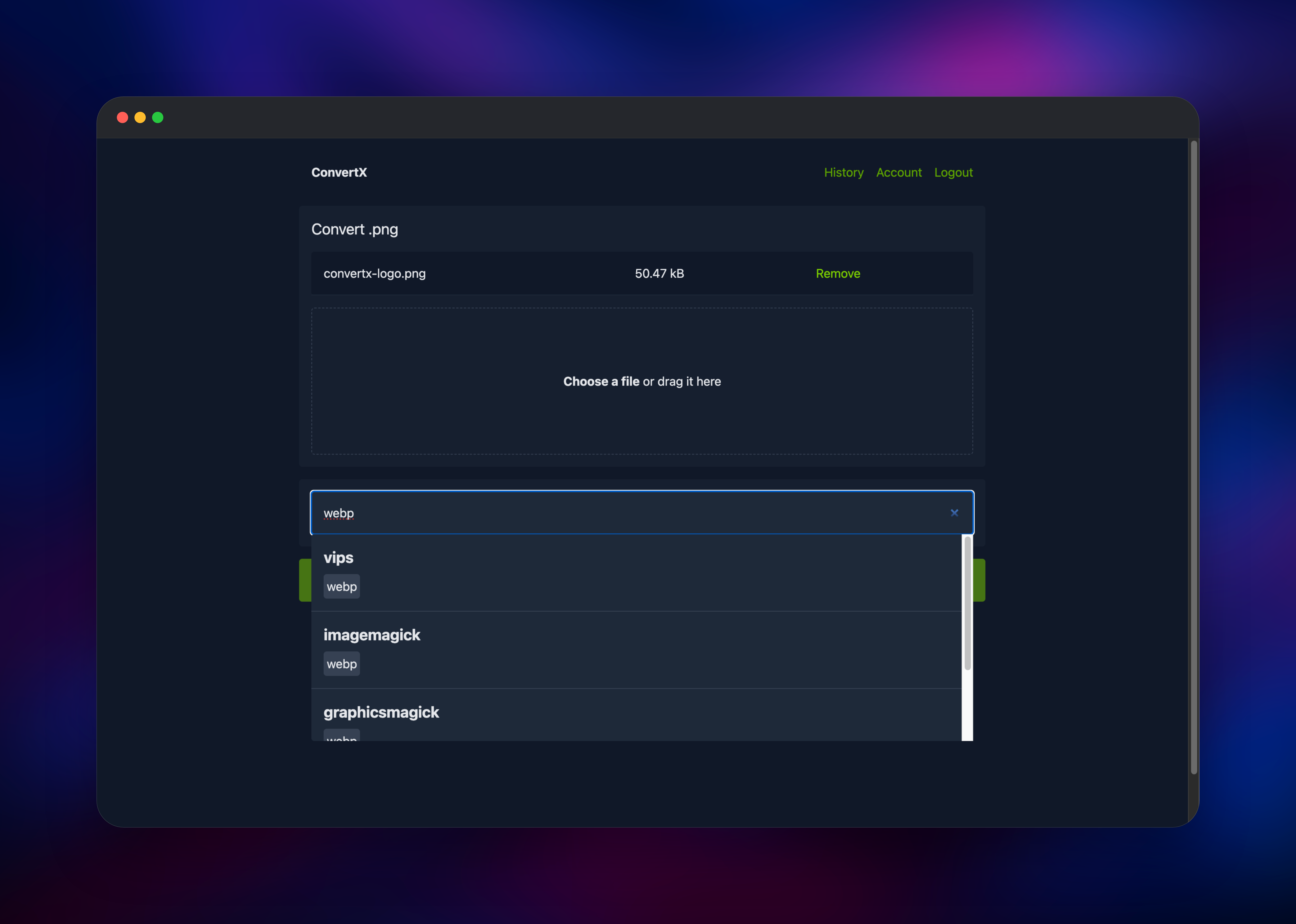 ConvertX upload screen searching output formats for a PNG