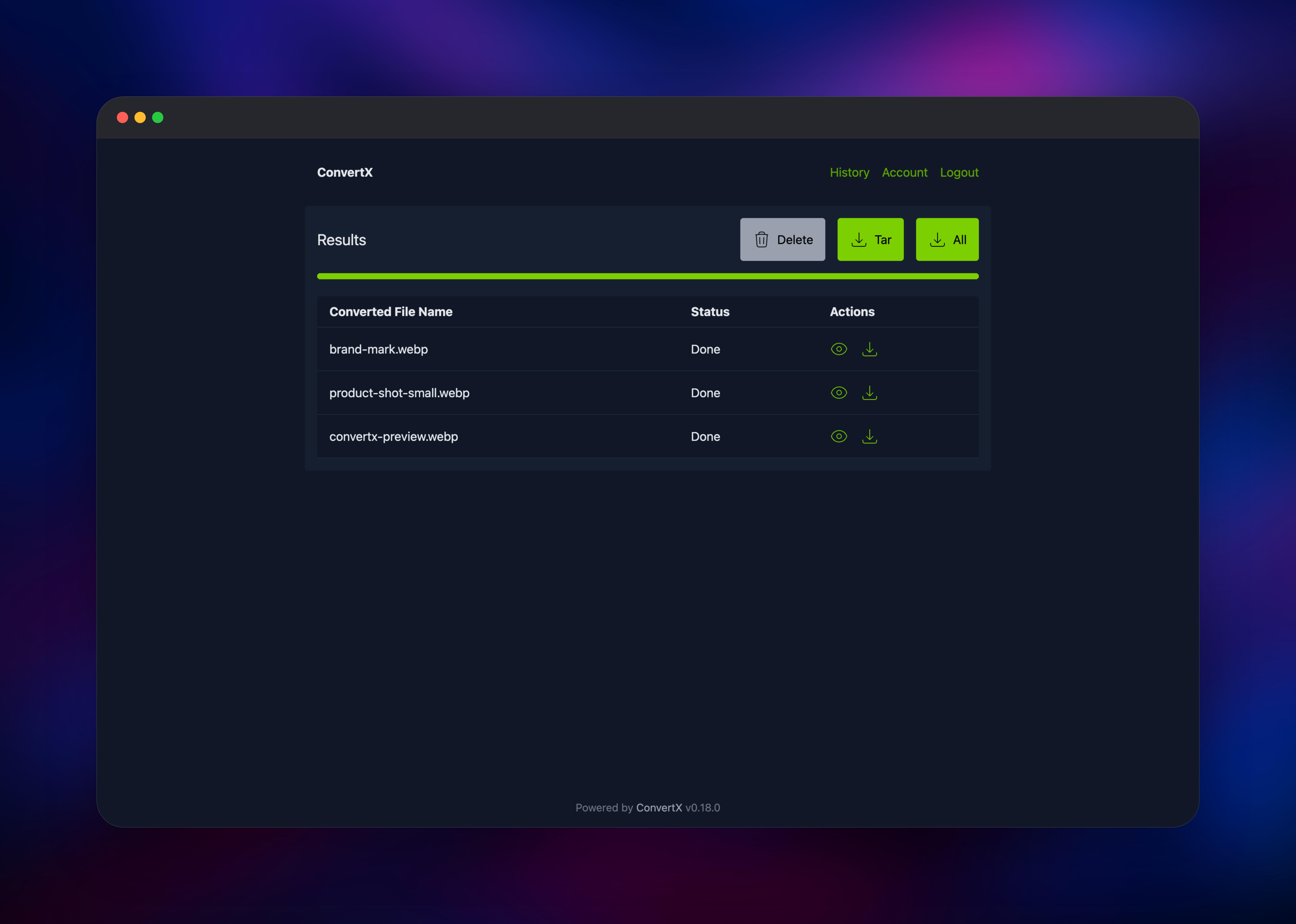 ConvertX results table with three converted WebP files