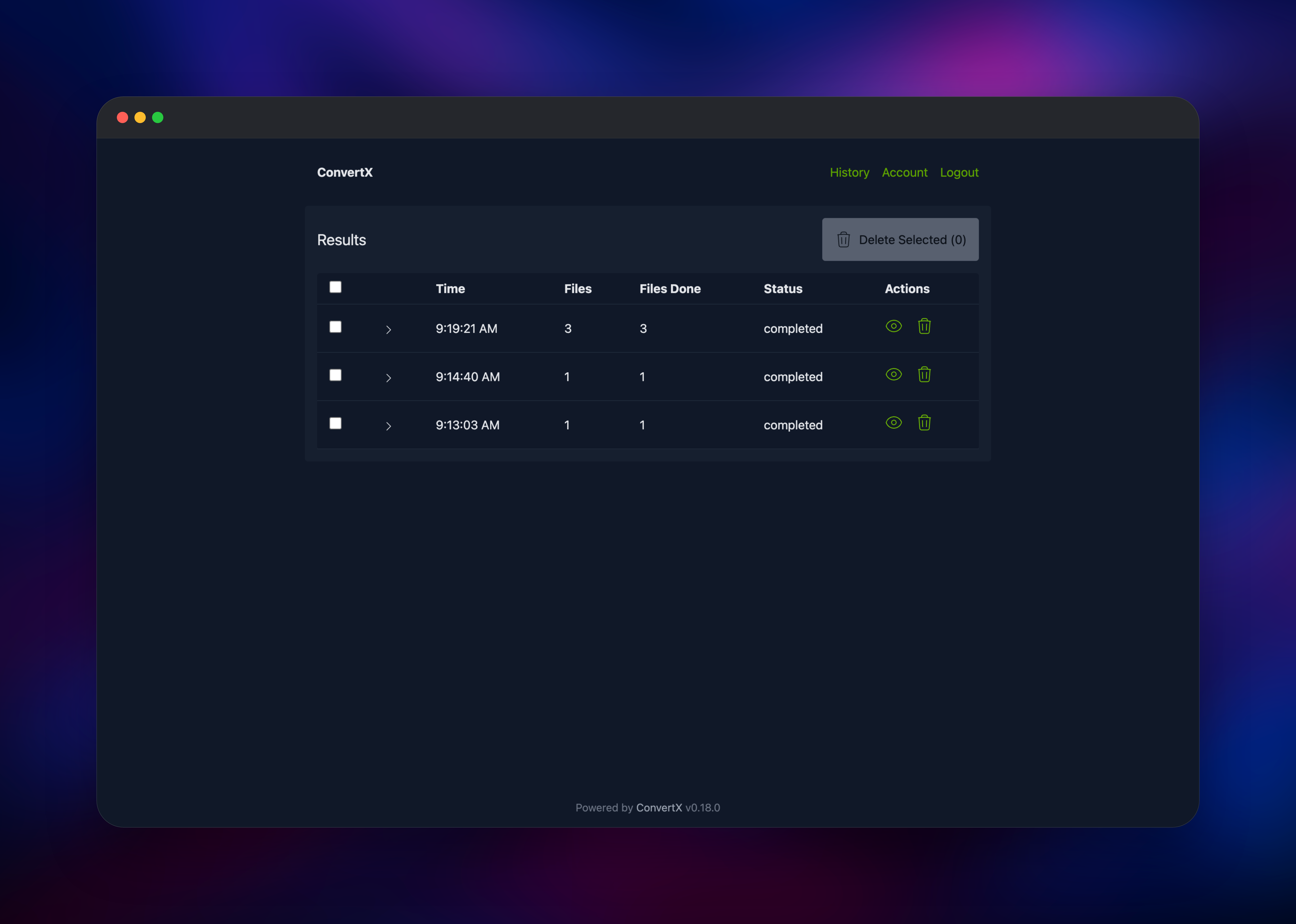 ConvertX conversion history listing three completed jobs