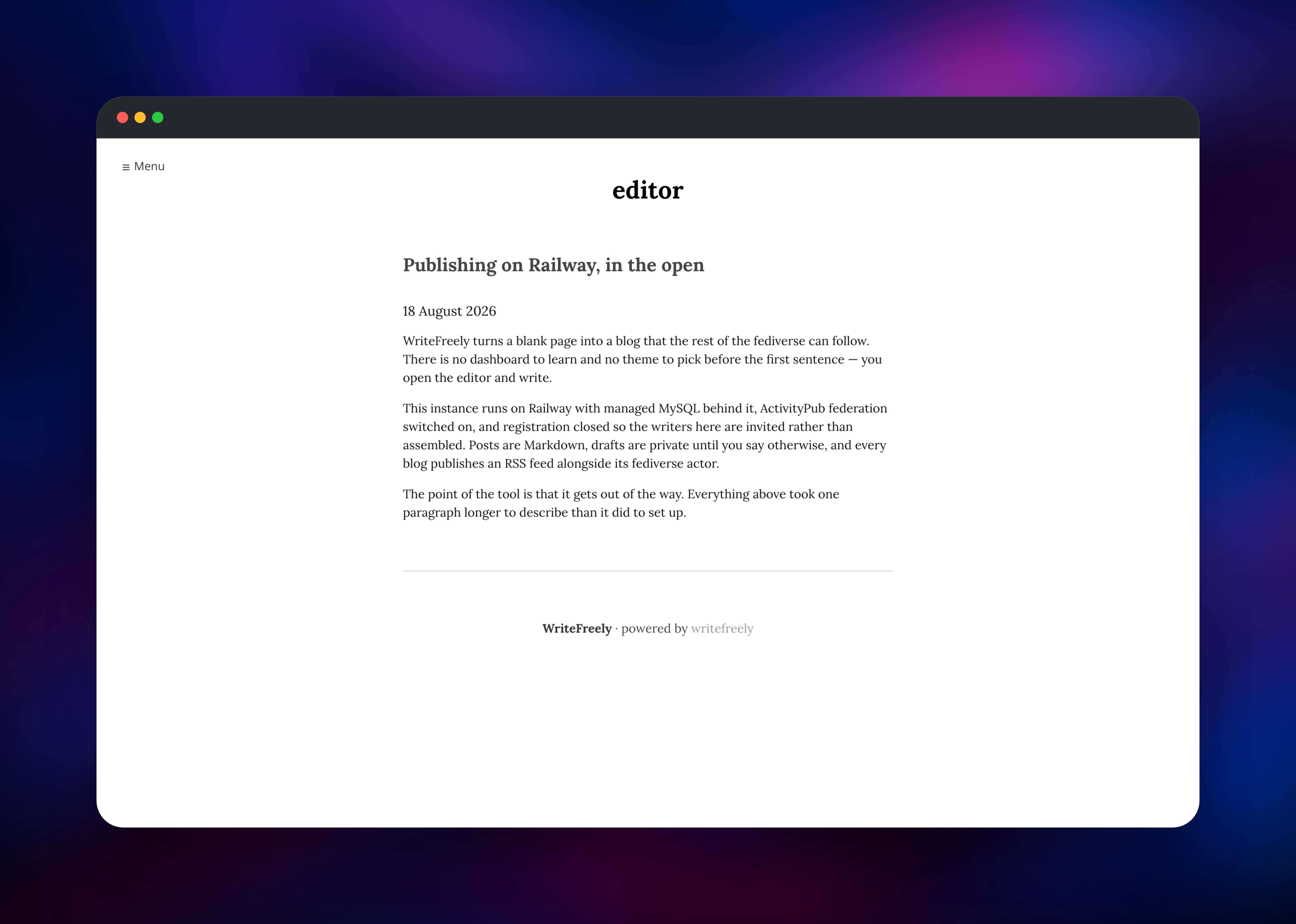 WriteFreely blog showing a published Markdown post