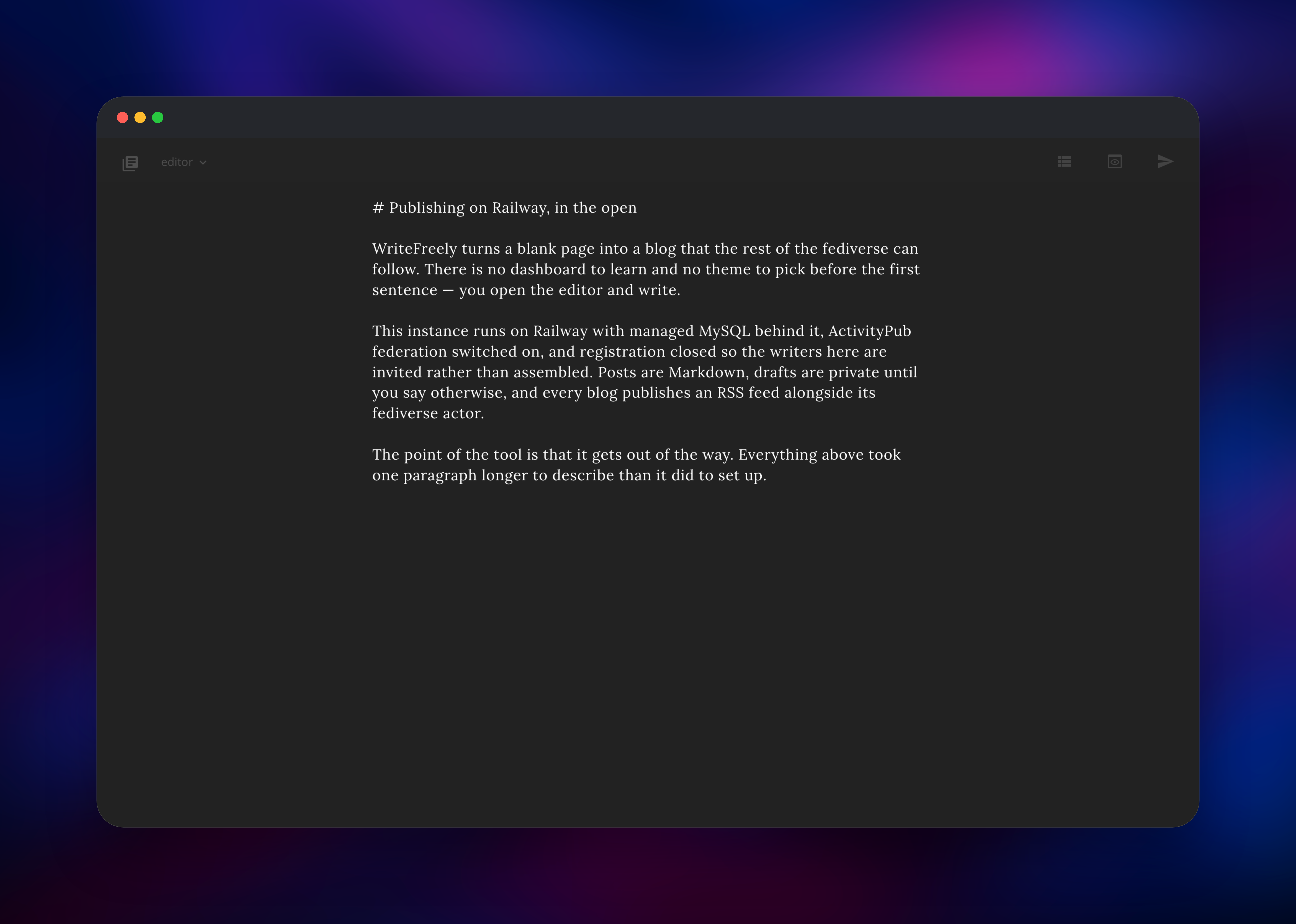 WriteFreely distraction-free editor with a draft post