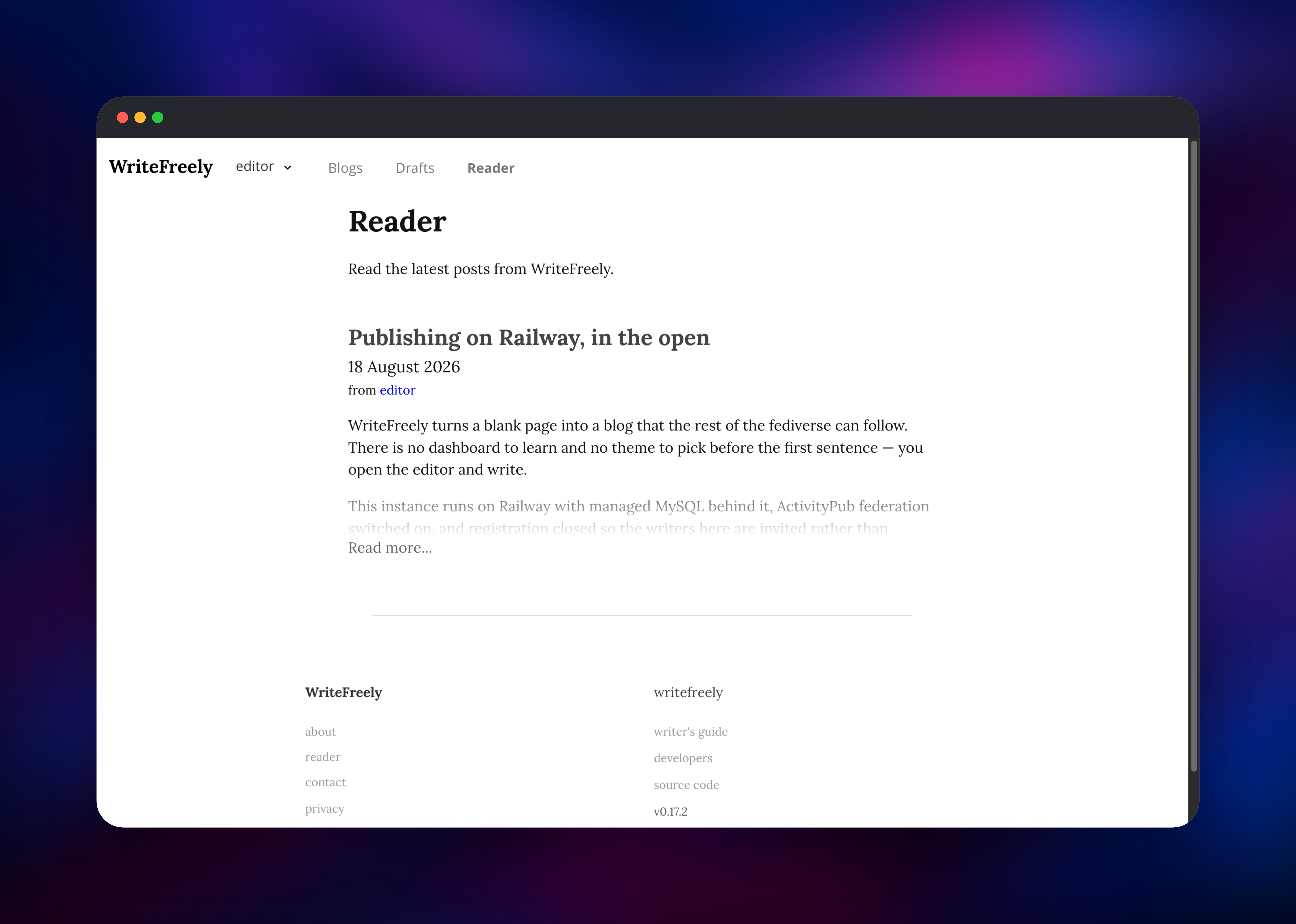 WriteFreely Reader listing the instance's latest posts