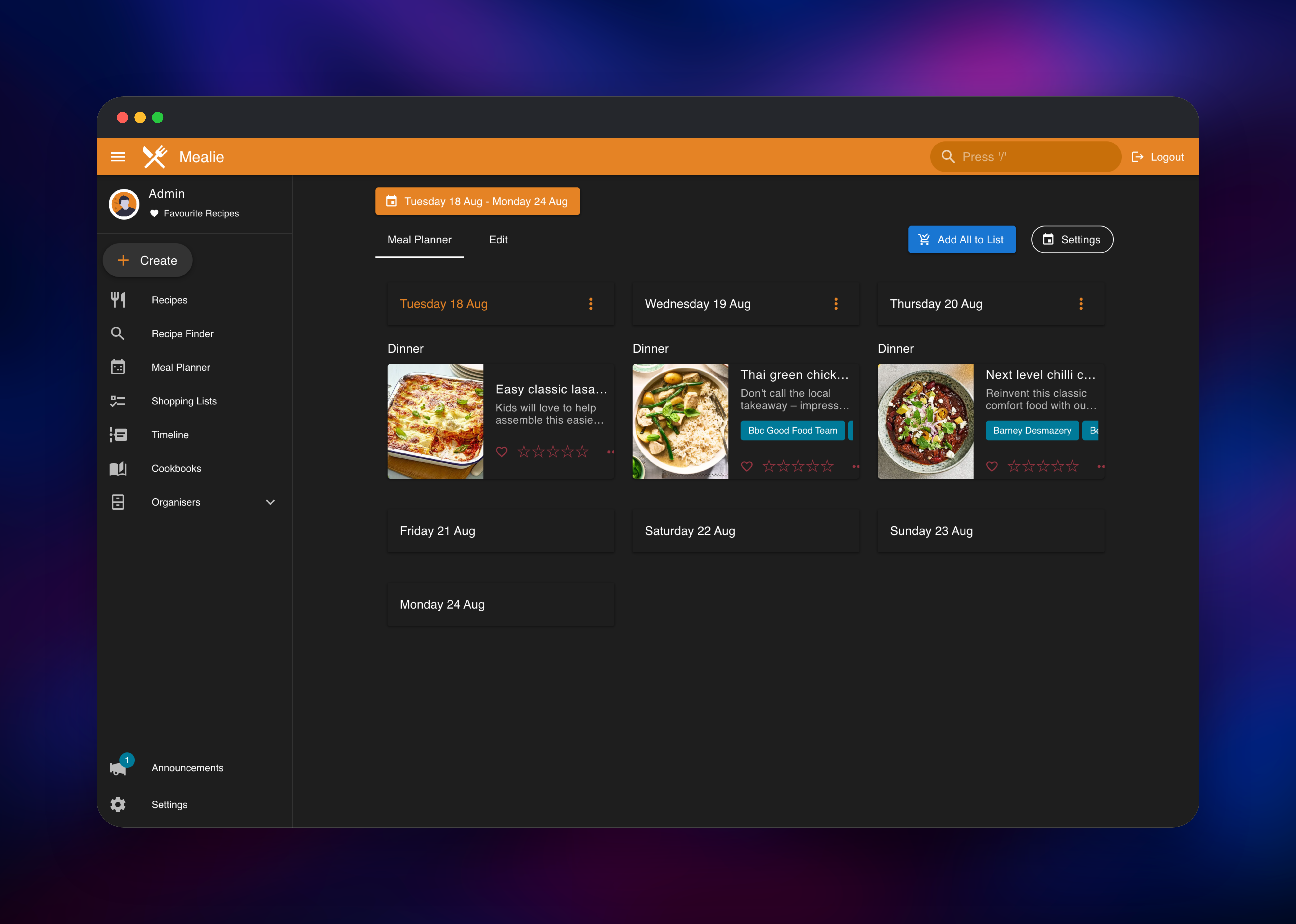 Mealie weekly meal planner with dinners scheduled across three days